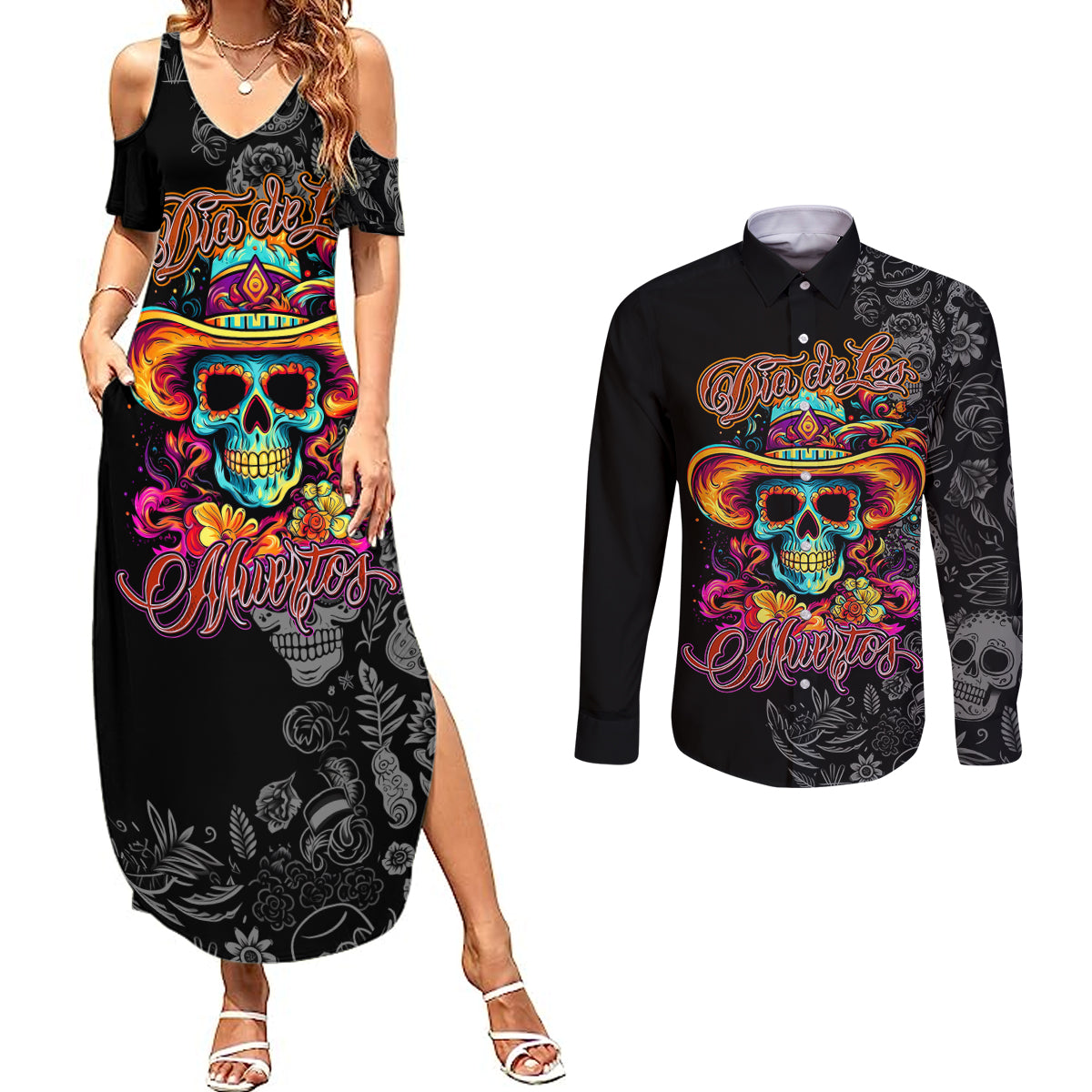 day-of-the-dead-sugar-skull-couples-matching-summer-maxi-dress-and-long-sleeve-button-shirts-dia-de-los-murtos