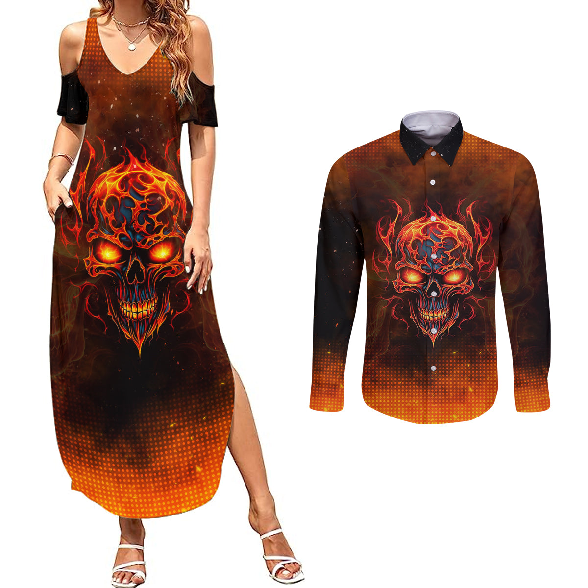 fire-skull-couples-matching-summer-maxi-dress-and-long-sleeve-button-shirts-of-course-im-going-to-hell-im-just-here-to-pick-you-up