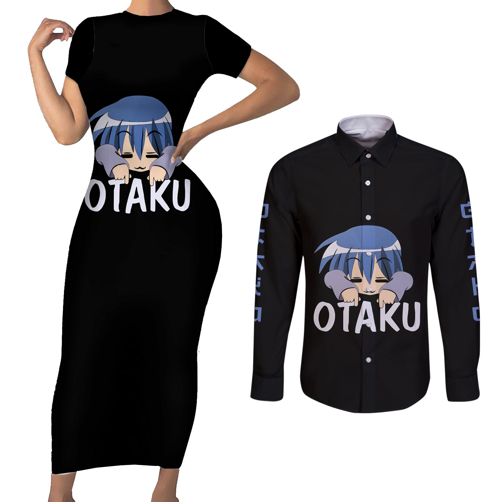 I'm An Otaku Couples Matching Short Sleeve Bodycon Dress and Long Sleeve Button Shirt