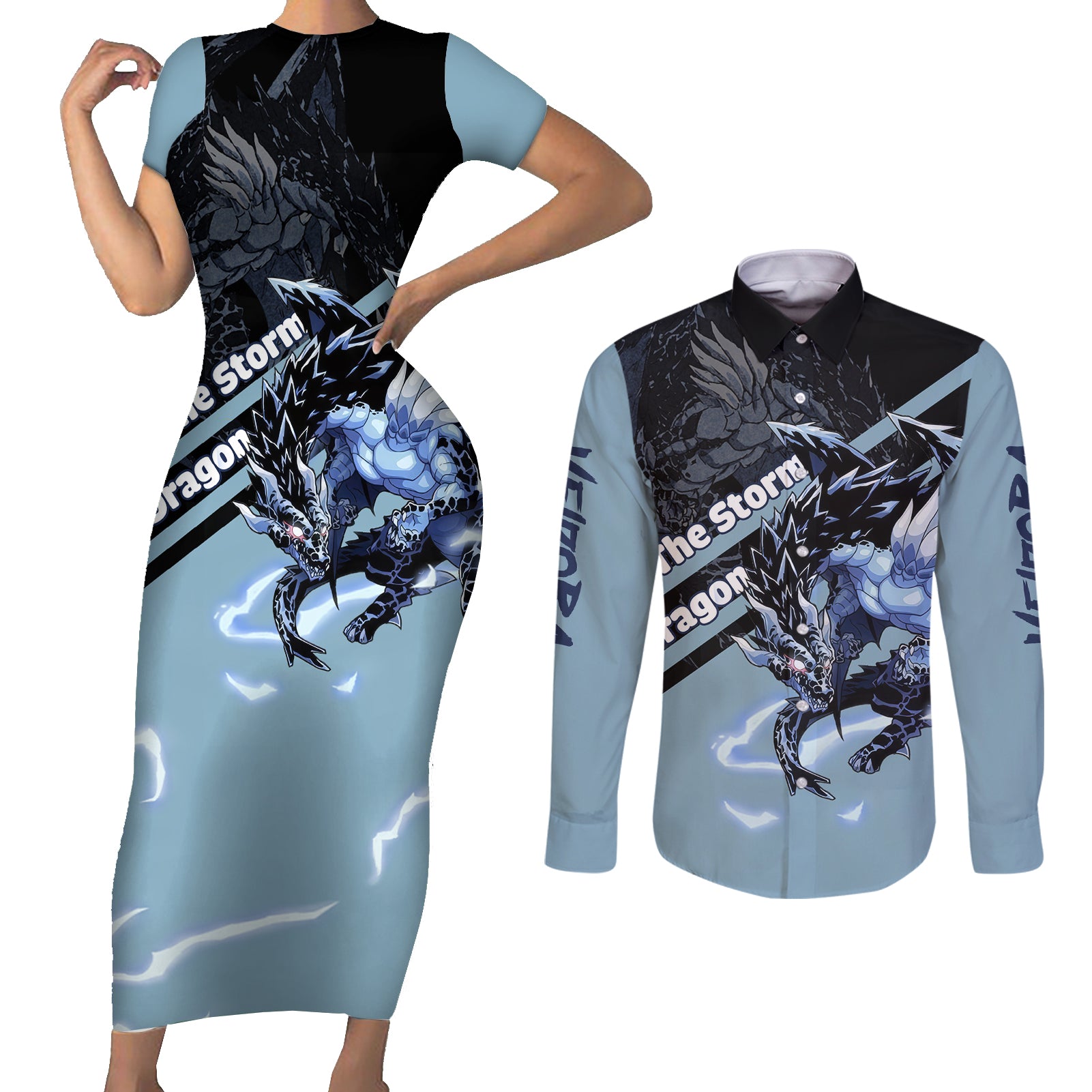 Veldora Storm Dragon Couples Matching Short Sleeve Bodycon Dress and Long Sleeve Button Shirt