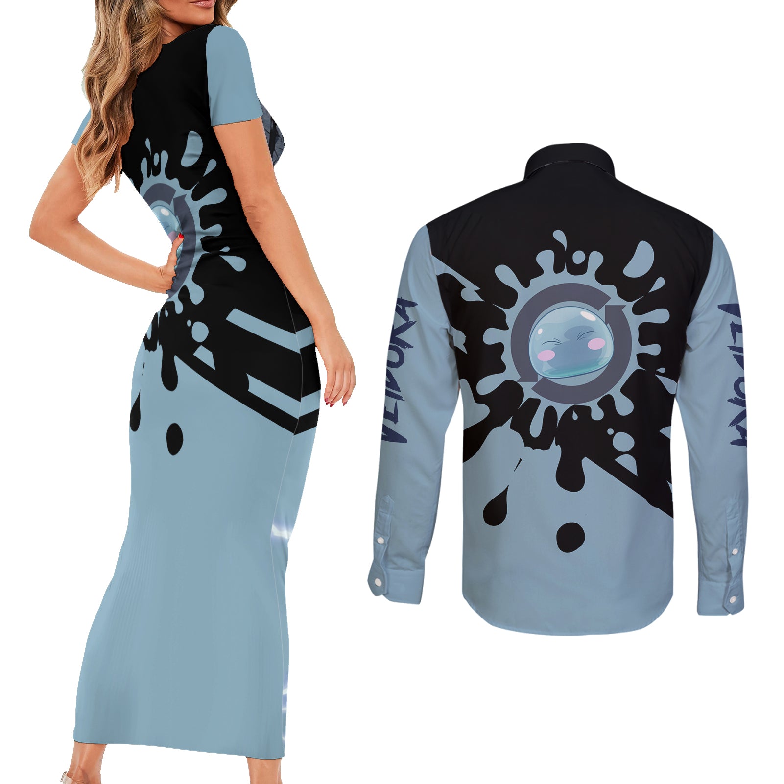 Veldora Storm Dragon Couples Matching Short Sleeve Bodycon Dress and Long Sleeve Button Shirt