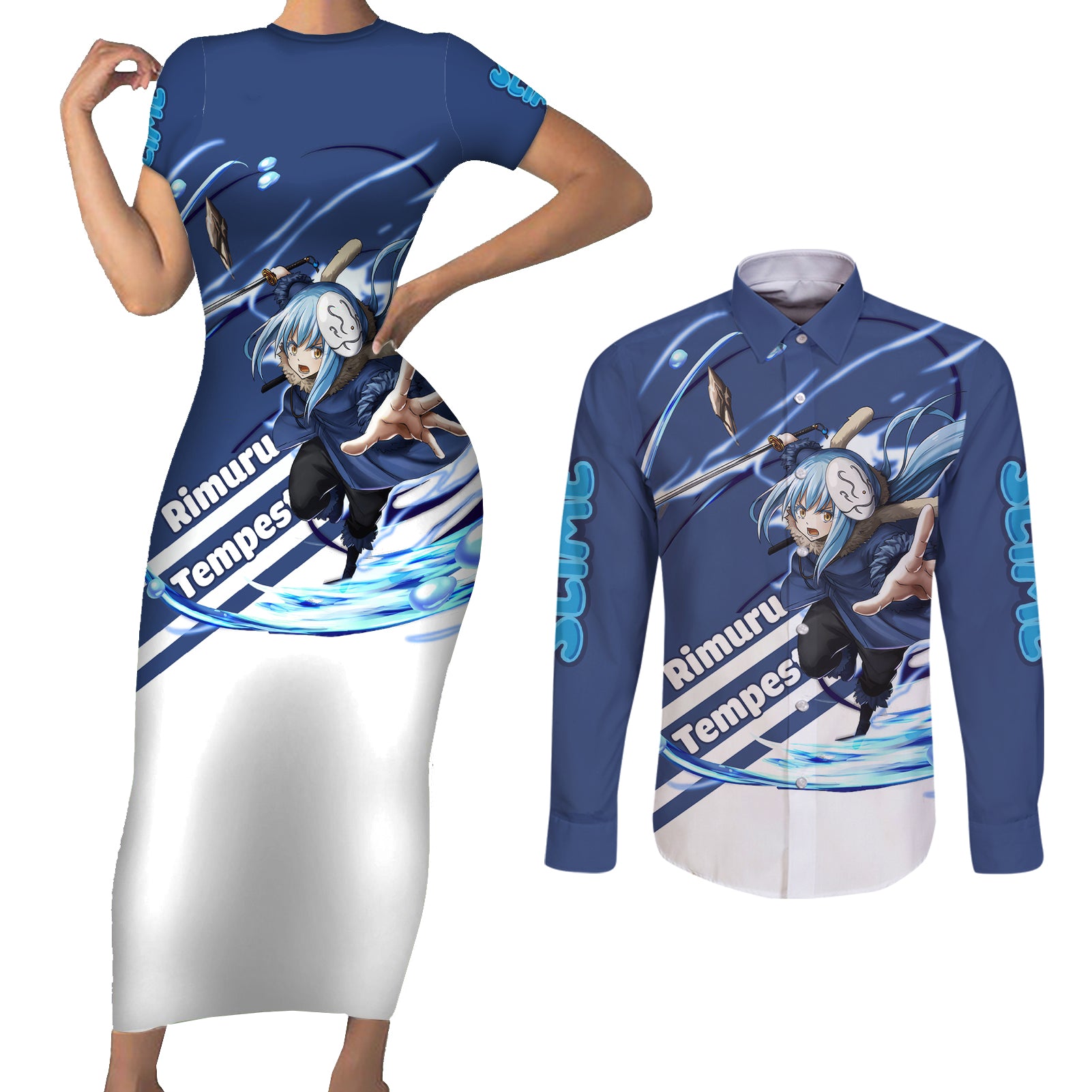 Rimuru Tempest Couples Matching Short Sleeve Bodycon Dress and Long Sleeve Button Shirt