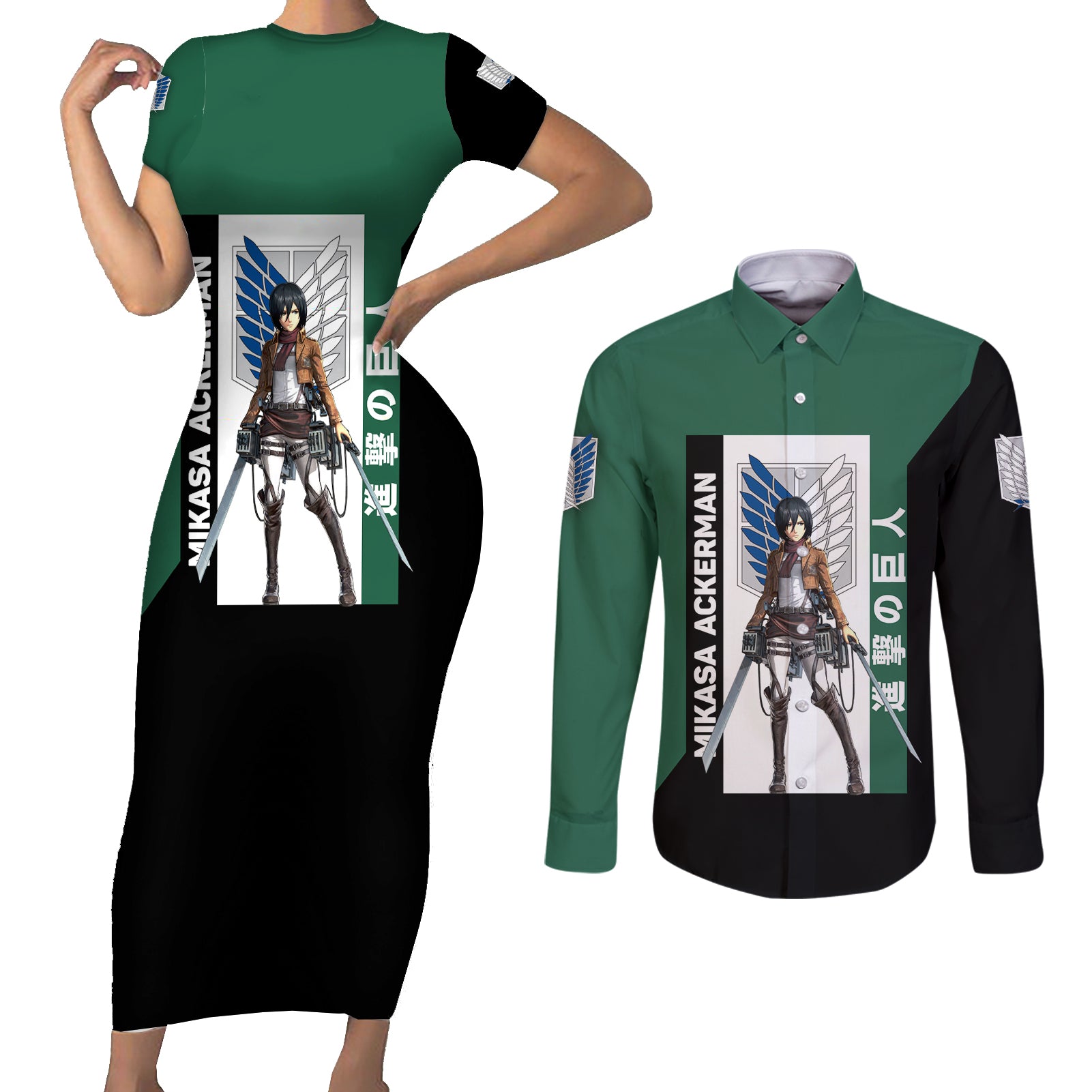 Mikasa Ackerman Couples Matching Short Sleeve Bodycon Dress and Long Sleeve Button Shirt