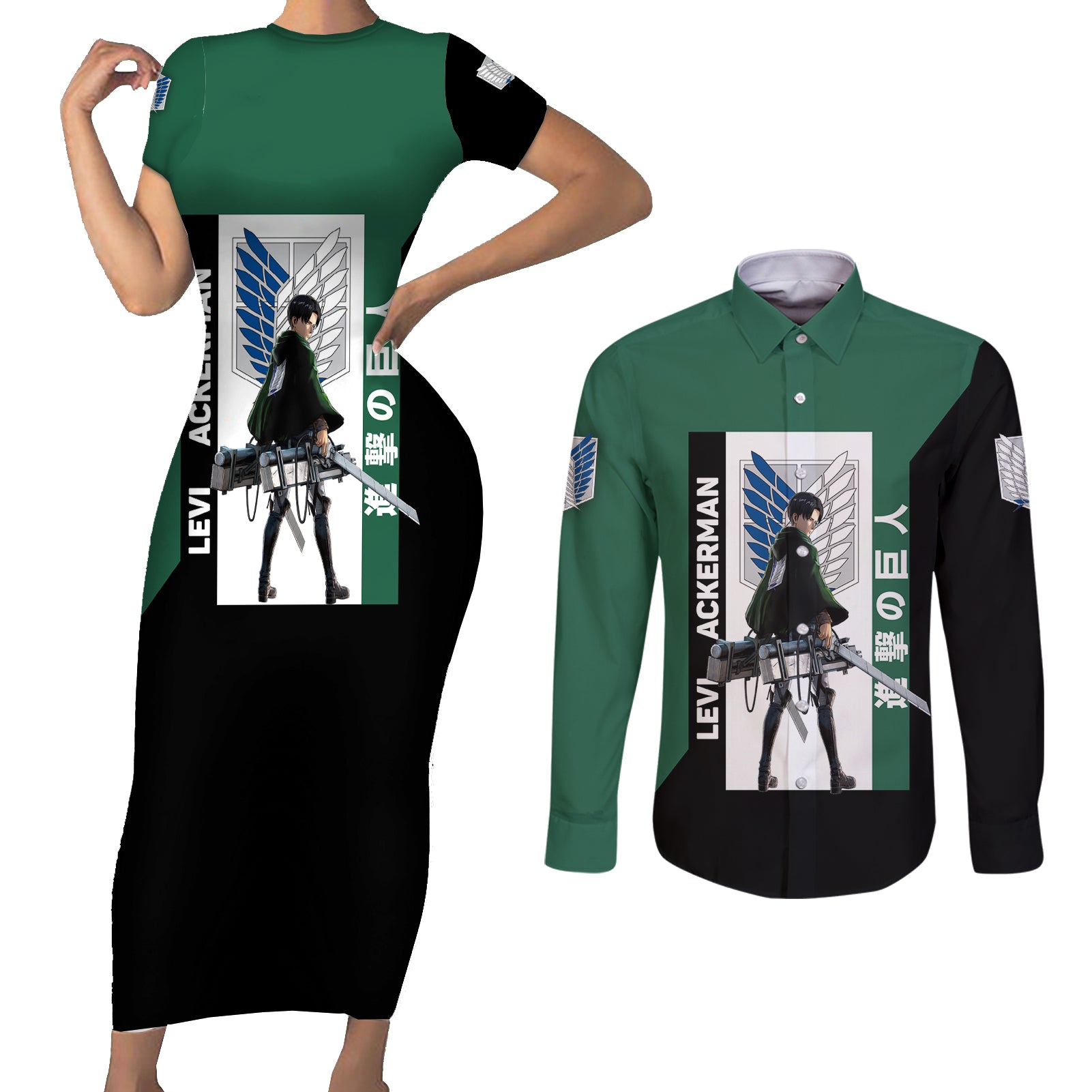 Levi Ackerman Couples Matching Short Sleeve Bodycon Dress and Long Sleeve Button Shirt