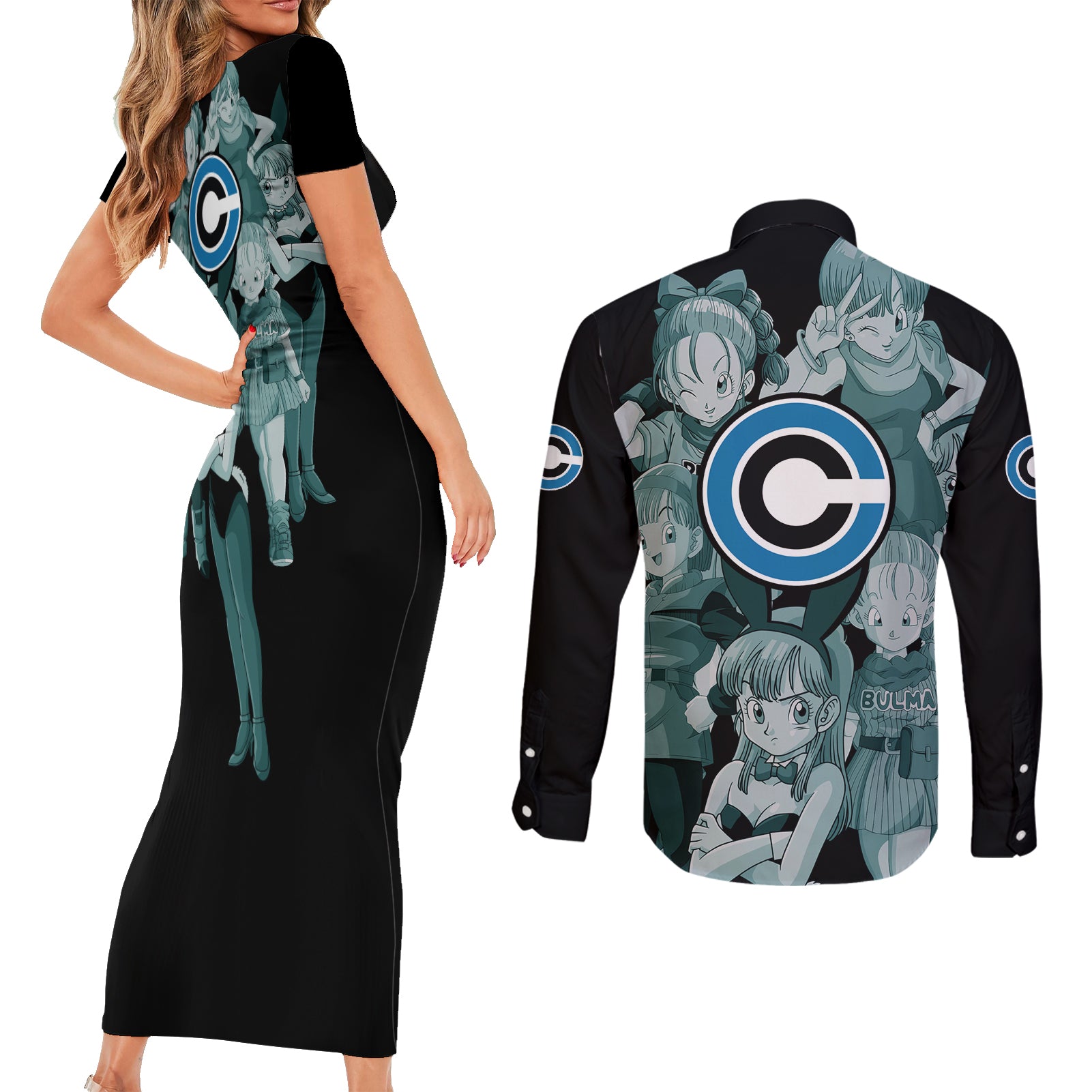 Bulma Couples Matching Short Sleeve Bodycon Dress and Long Sleeve Button Shirt Dragon Ball