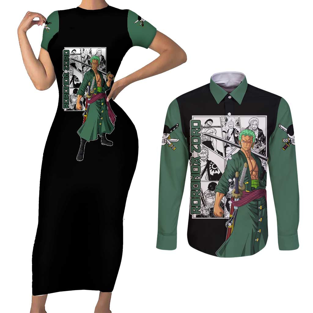 Roronoa Zoro - One Piece Couples Matching Short Sleeve Bodycon Dress and Long Sleeve Button Shirt Anime Mix Manga Style