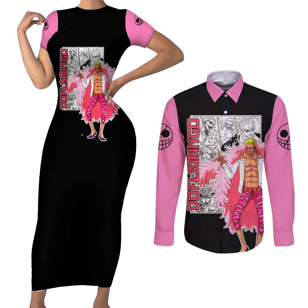Doflamingo - One Piece Couples Matching Short Sleeve Bodycon Dress and Long Sleeve Button Shirt Anime Mix Manga Style