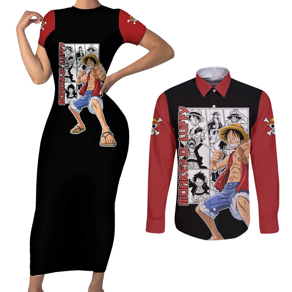 Monkey D. Luffy - One Piece Couples Matching Short Sleeve Bodycon Dress and Long Sleeve Button Shirt Anime Mix Manga Style