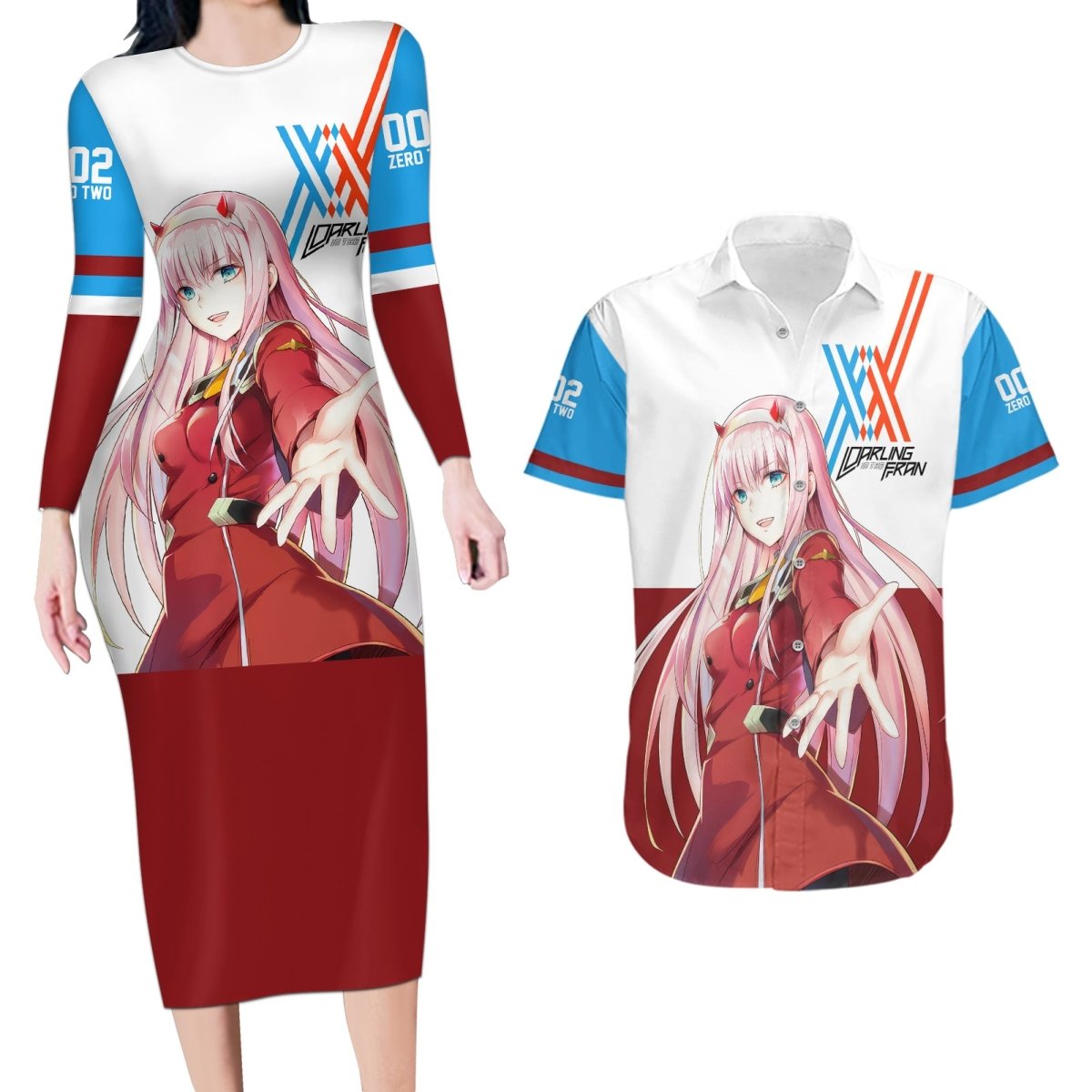 002 Zero Two Strelitzia Couples Matching Long Sleeve Bodycon Dress and Hawaiian Shirt Anime Style TS04 - The Mazicc - S - S - Multicolor