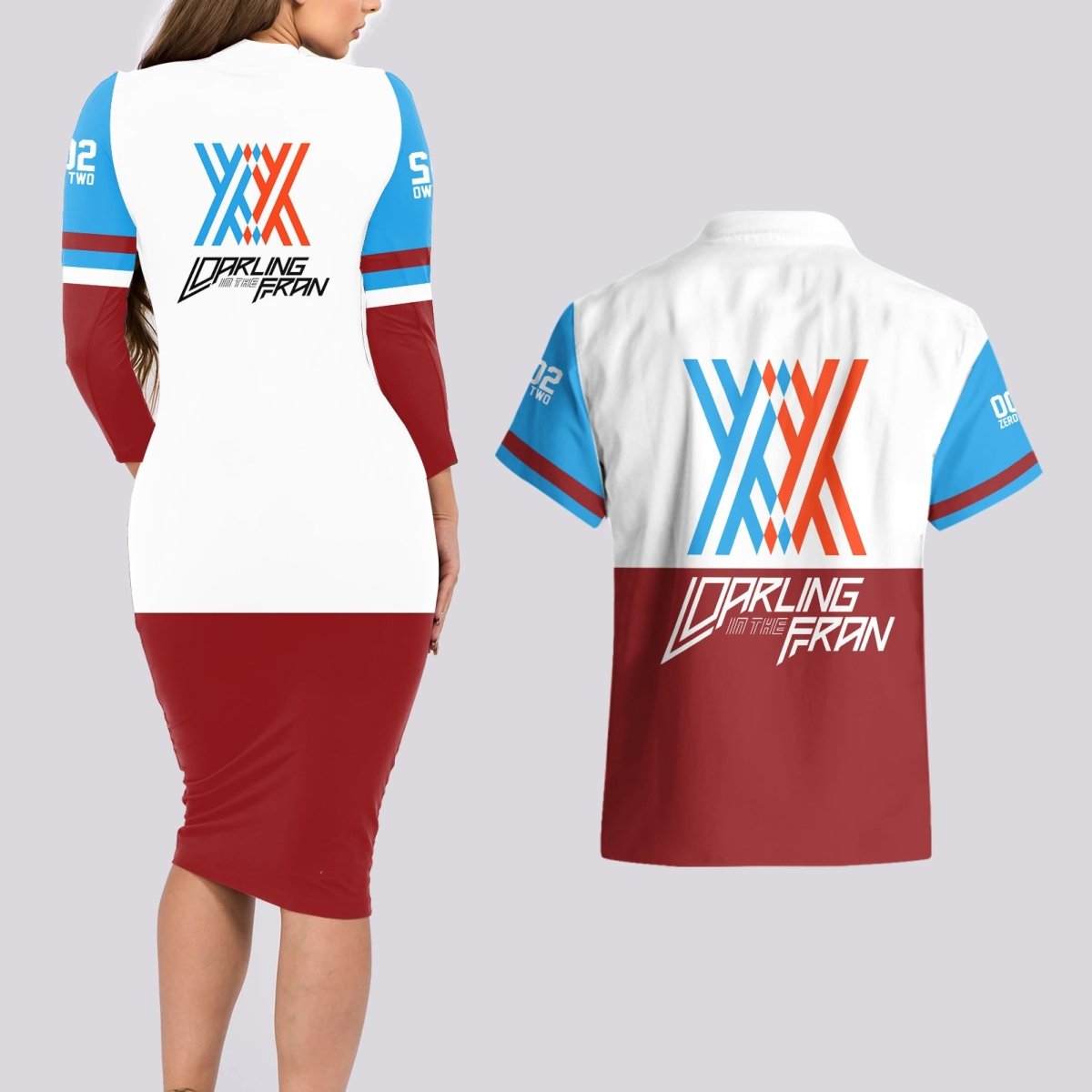 002 Zero Two Strelitzia Couples Matching Long Sleeve Bodycon Dress and Hawaiian Shirt Anime Style TS04 - The Mazicc - S - S - Multicolor