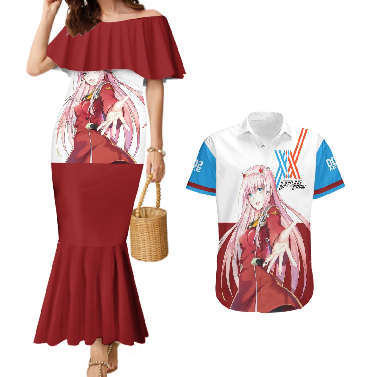 002 Zero Two Strelitzia Couples Matching Mermaid Dress and Hawaiian Shirt Anime Style TS04 - The Mazicc - S - S - Multicolor