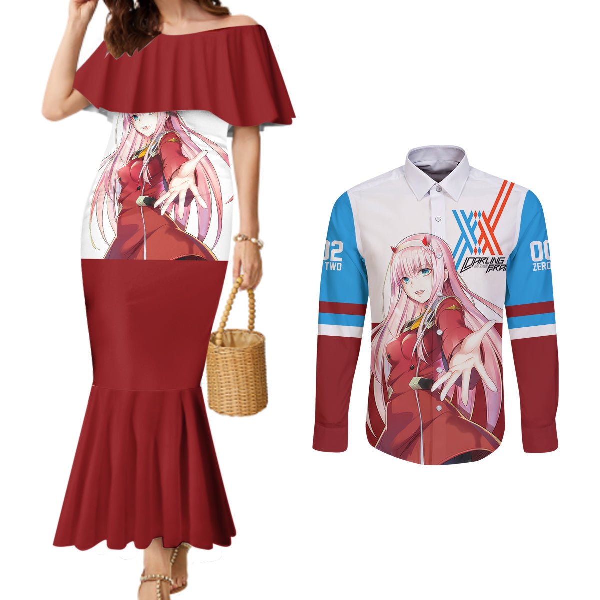 002 Zero Two Strelitzia Couples Matching Mermaid Dress and Long Sleeve Button Shirt Anime Style TS04 - The Mazicc - S - S - Multicolor