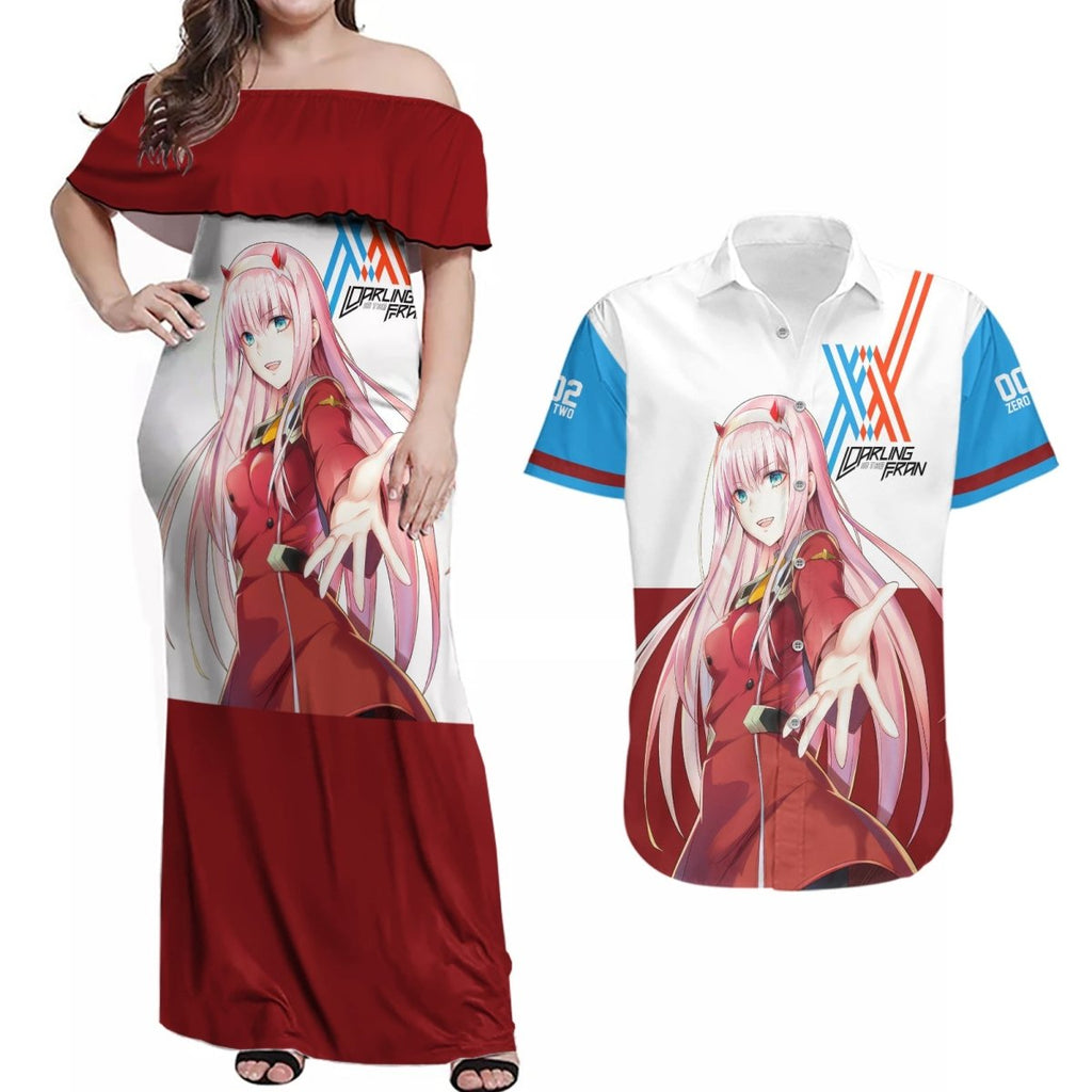 002 Zero Two Strelitzia Couples Matching Off Shoulder Maxi Dress and Hawaiian Shirt Anime Style TS04 - The Mazicc - S - S - Multicolor