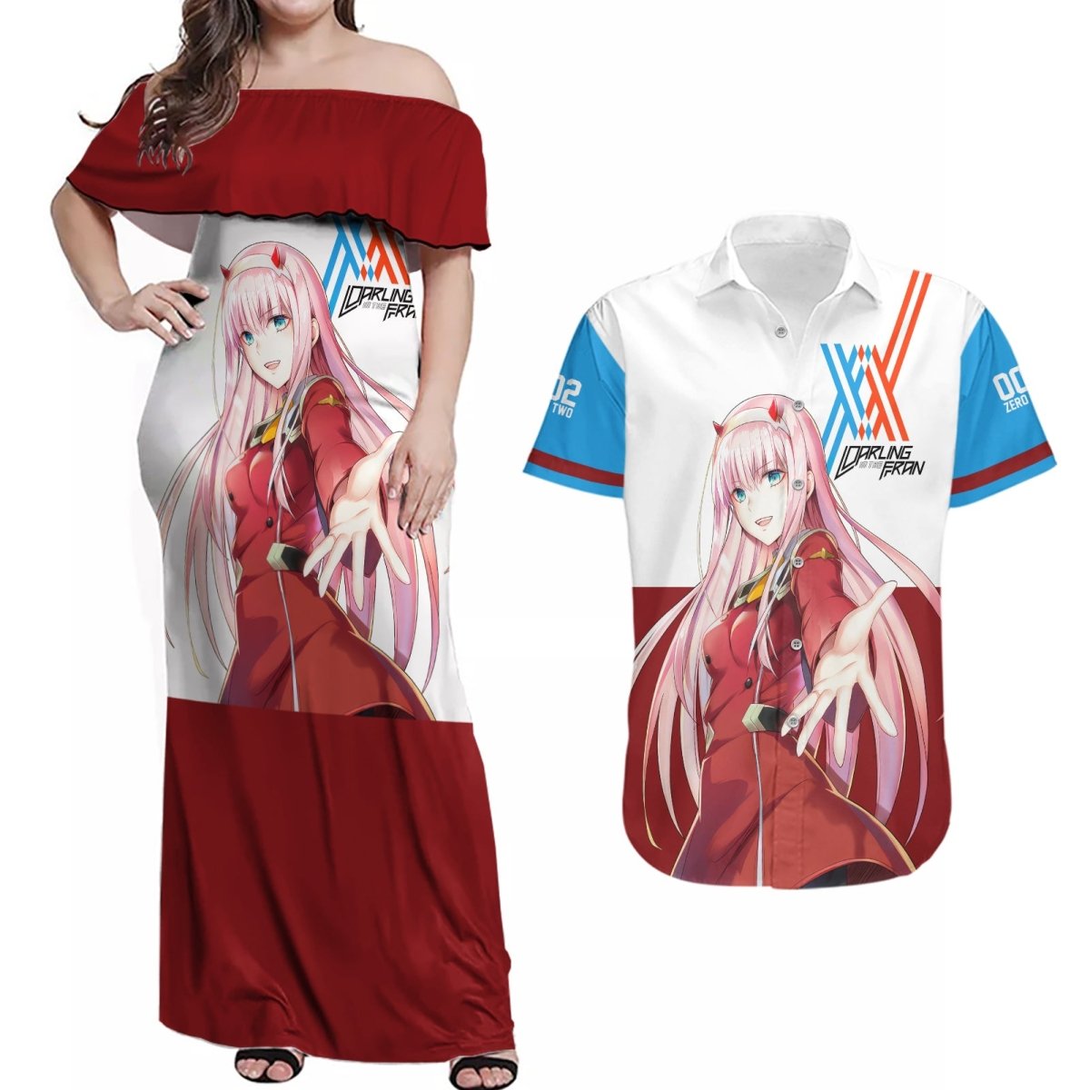 002 Zero Two Strelitzia Couples Matching Off Shoulder Maxi Dress and Hawaiian Shirt Anime Style TS04 - The Mazicc - S - S - Multicolor