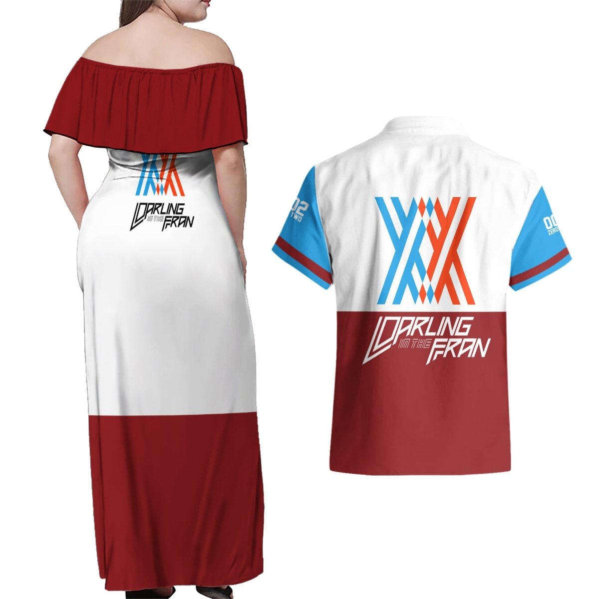 002 Zero Two Strelitzia Couples Matching Off Shoulder Maxi Dress and Hawaiian Shirt Anime Style TS04 - The Mazicc - S - S - Multicolor