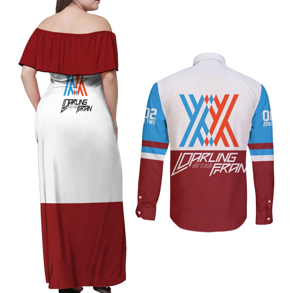 002 Zero Two Strelitzia Couples Matching Off Shoulder Maxi Dress and Long Sleeve Button Shirt Anime Style TS04 - The Mazicc - S - S - Multicolor