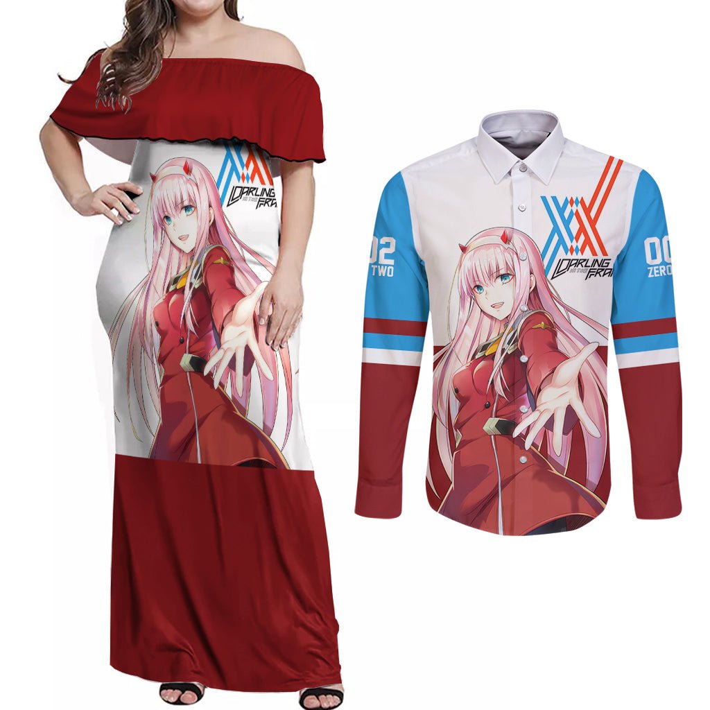 002 Zero Two Strelitzia Couples Matching Off Shoulder Maxi Dress and Long Sleeve Button Shirt Anime Style TS04 - The Mazicc - S - S - Multicolor