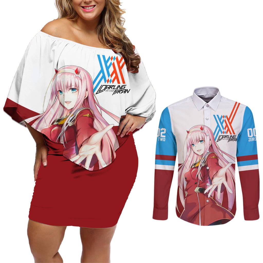 002 Zero Two Strelitzia Couples Matching Off Shoulder Short Dress and Long Sleeve Button Shirt Anime Style TS04 - The Mazicc - S - S - Multicolor