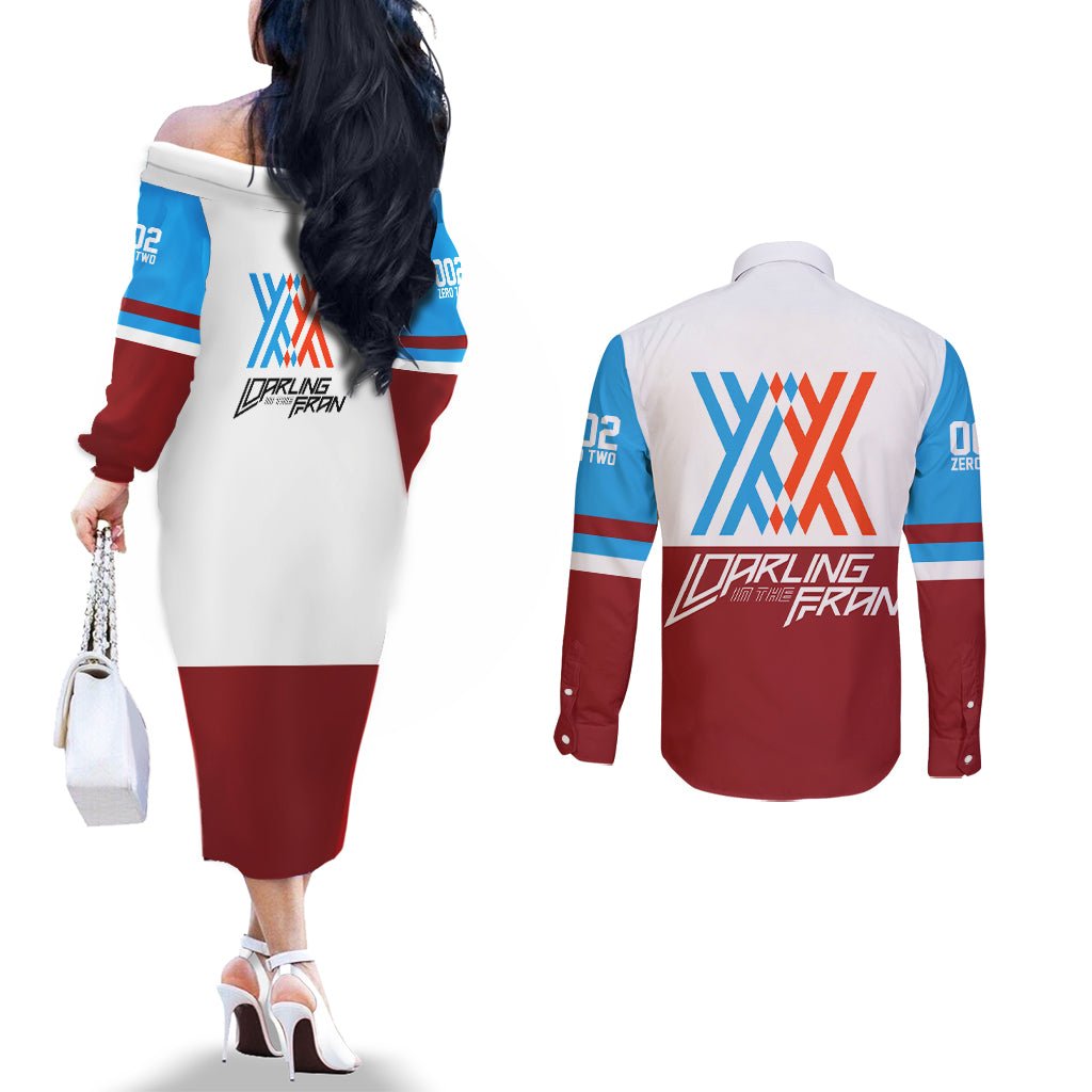 002 Zero Two Strelitzia Couples Matching Off The Shoulder Long Sleeve Dress and Long Sleeve Button Shirt Anime Style TS04 - The Mazicc - S - S - Multicolor