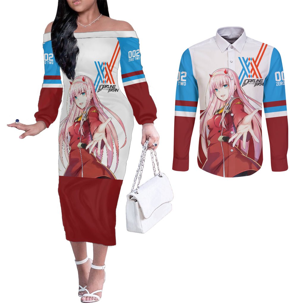 002 Zero Two Strelitzia Couples Matching Off The Shoulder Long Sleeve Dress and Long Sleeve Button Shirt Anime Style TS04 - The Mazicc - S - S - Multicolor