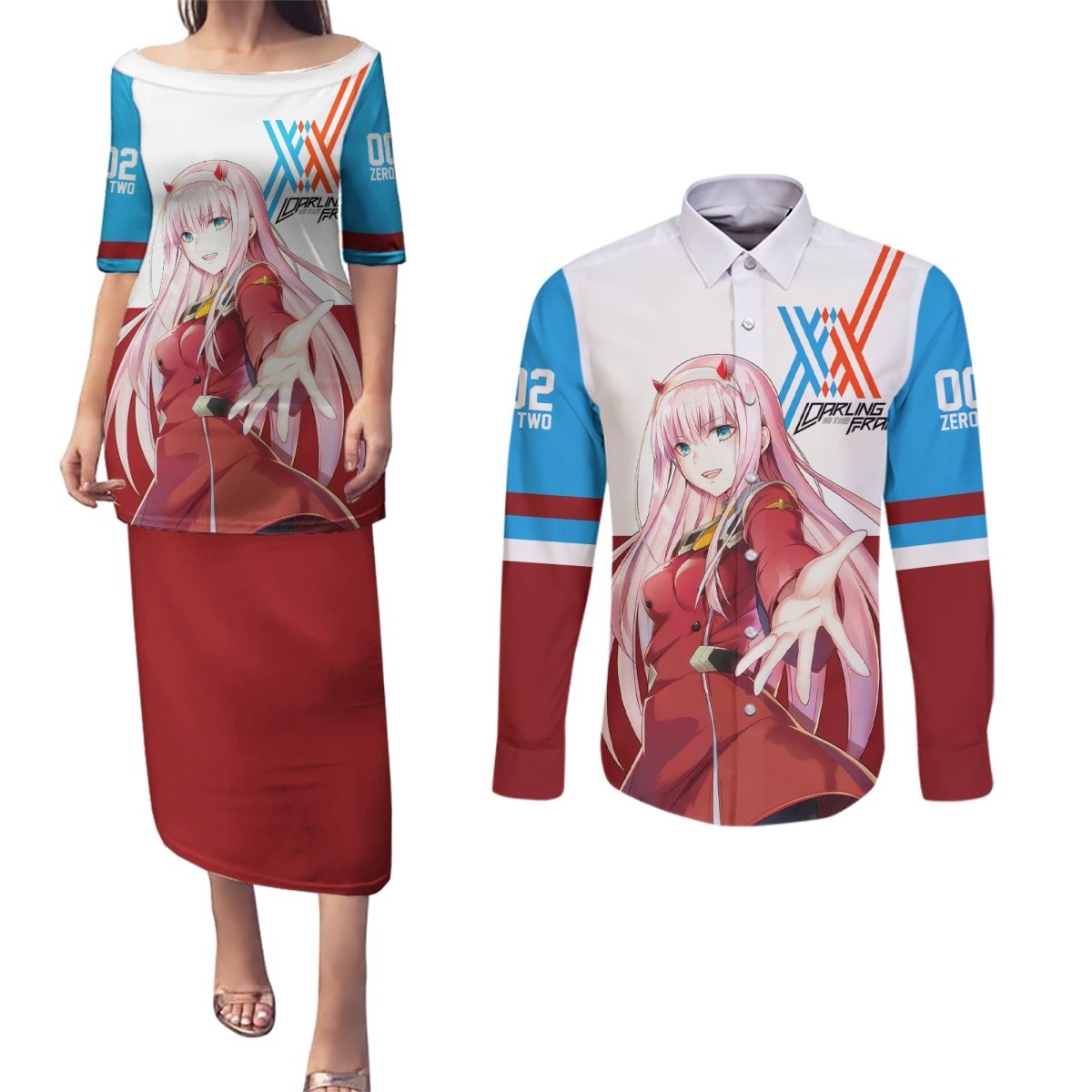 002 Zero Two Strelitzia Couples Matching Puletasi and Long Sleeve Button Shirt Anime Style TS04 - The Mazicc - S - S - Multicolor