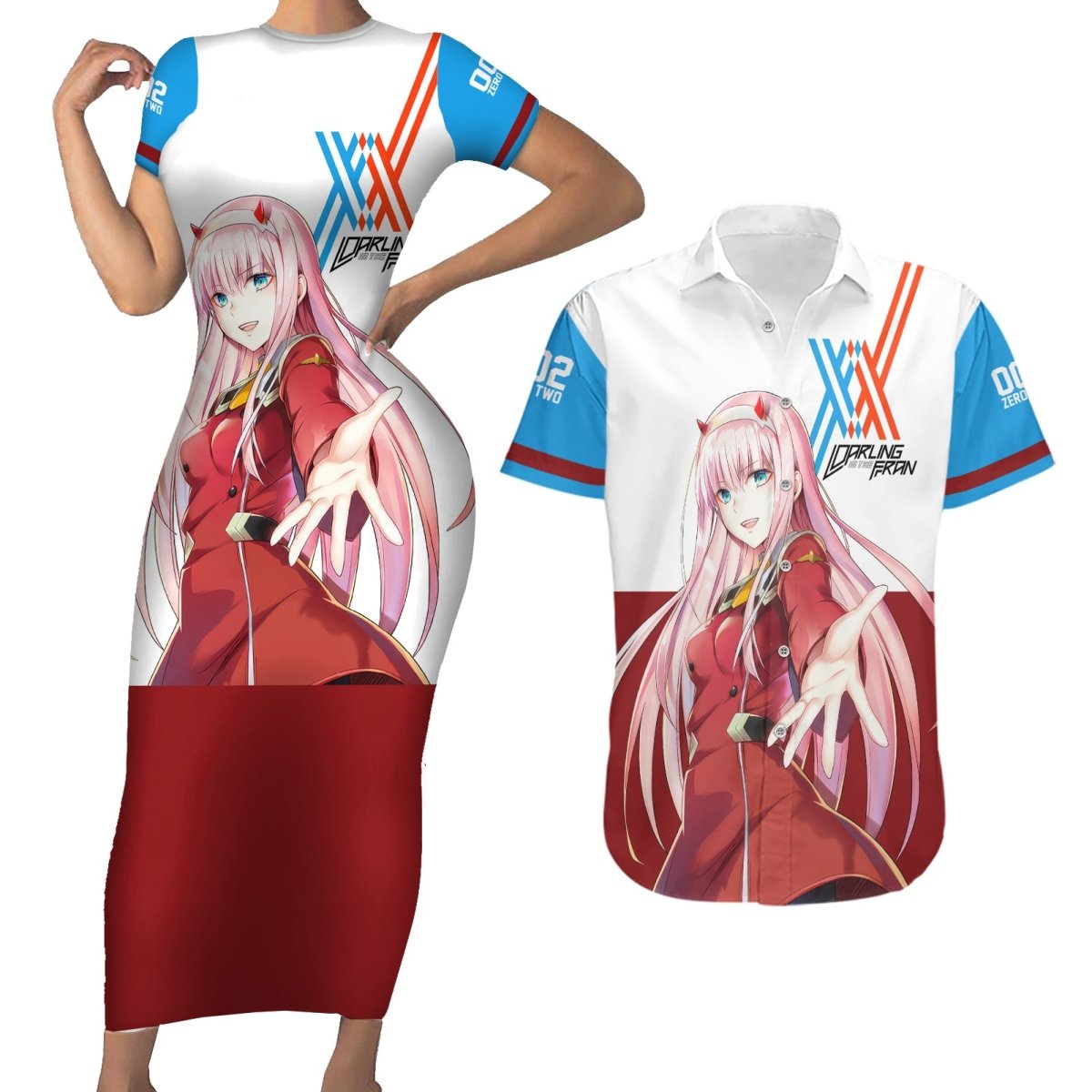 002 Zero Two Strelitzia Couples Matching Short Sleeve Bodycon Dress and Hawaiian Shirt Anime Style TS04 - The Mazicc - S - S - Multicolor