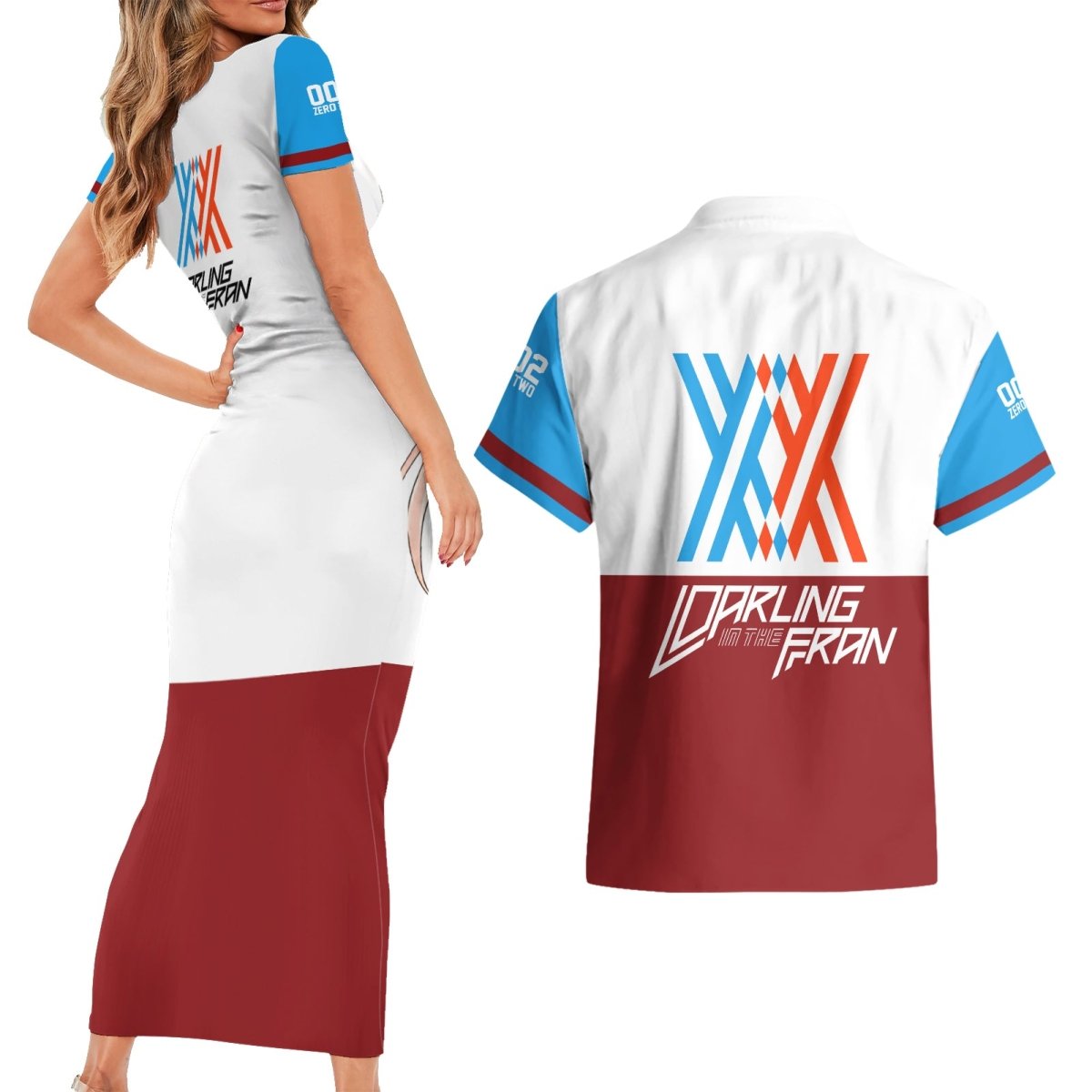 002 Zero Two Strelitzia Couples Matching Short Sleeve Bodycon Dress and Hawaiian Shirt Anime Style TS04 - The Mazicc - S - S - Multicolor