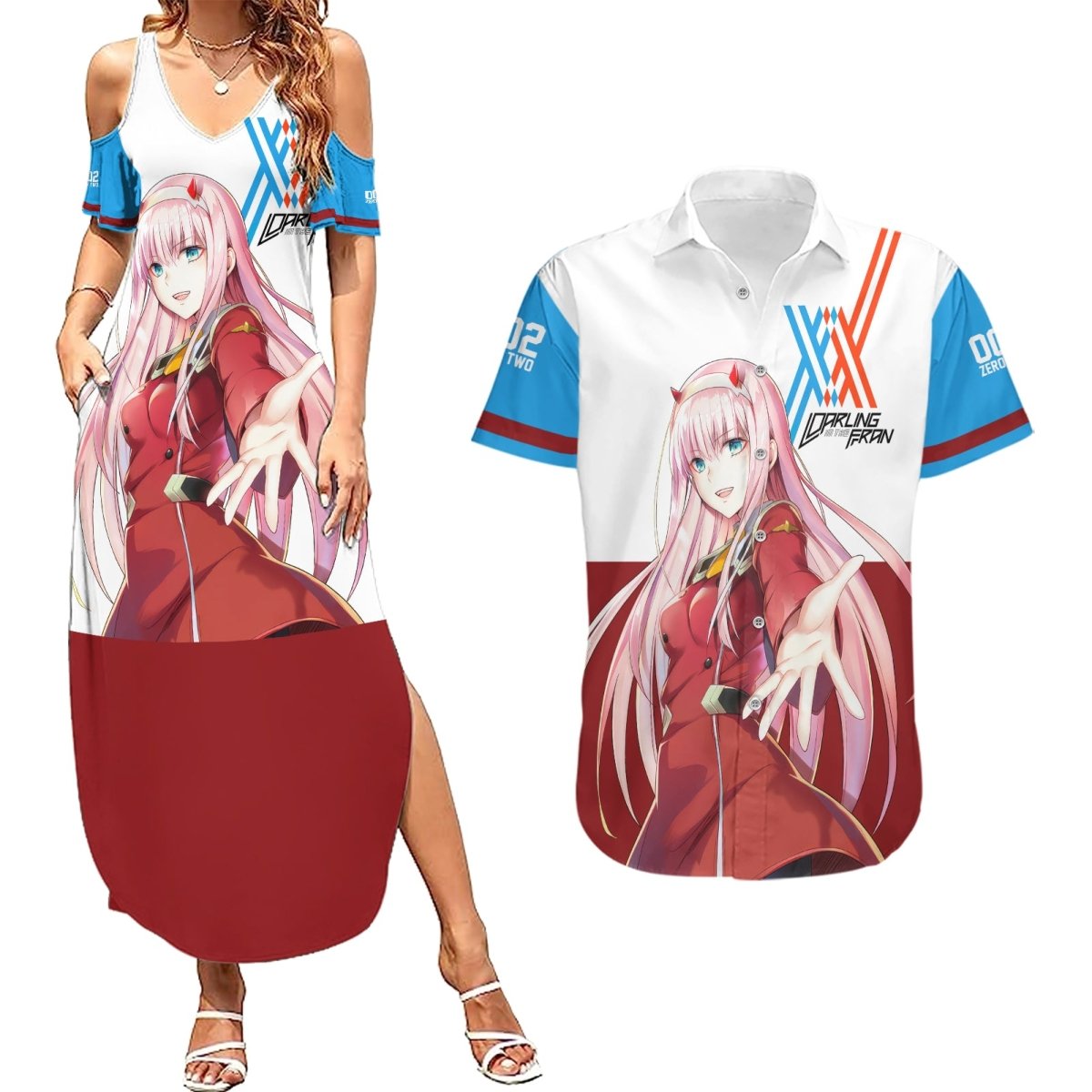 002 Zero Two Strelitzia Couples Matching Summer Maxi Dress and Hawaiian Shirt Anime Style TS04 - The Mazicc - S - S - Multicolor