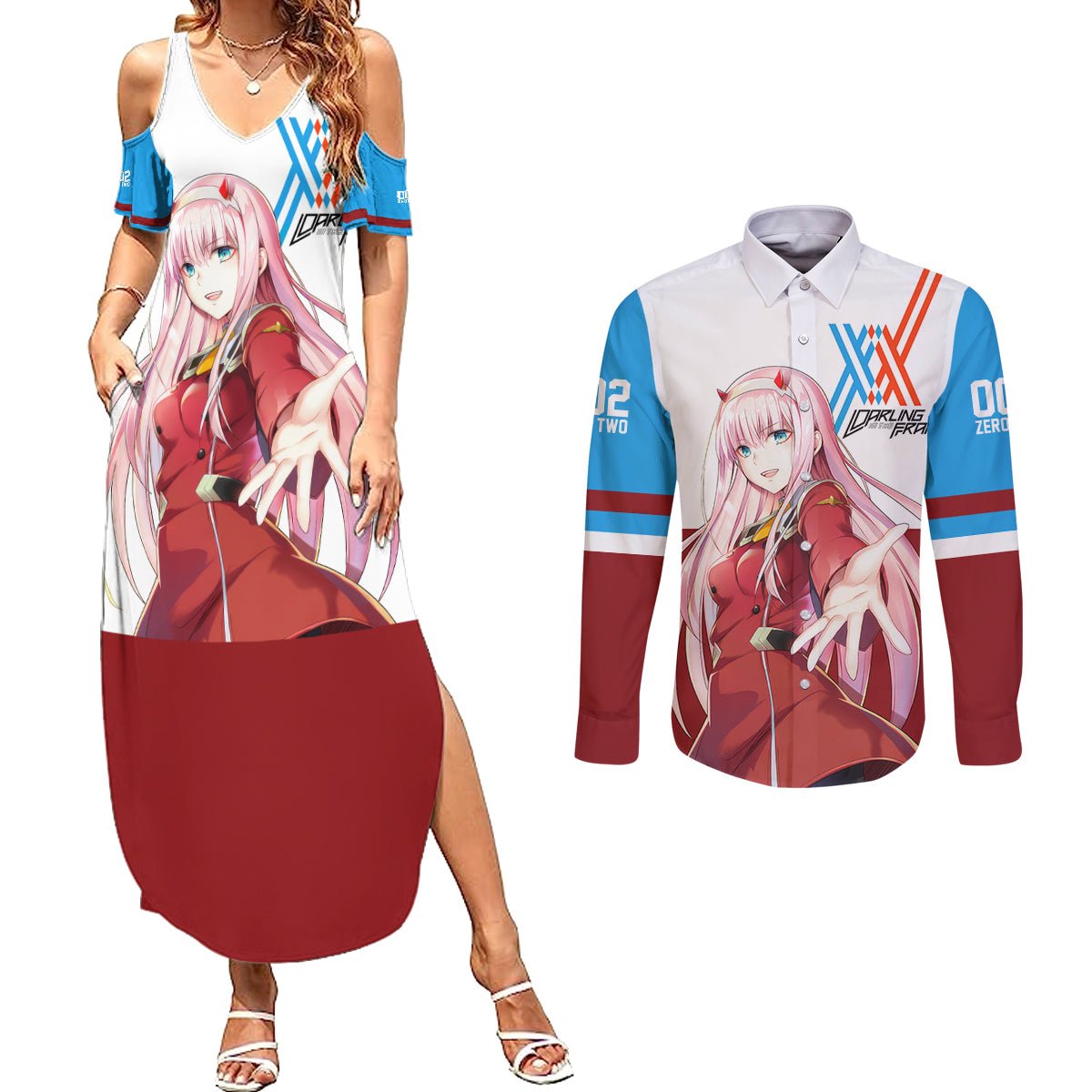 002 Zero Two Strelitzia Couples Matching Summer Maxi Dress and Long Sleeve Button Shirt Anime Style TS04 - The Mazicc - S - S - Multicolor