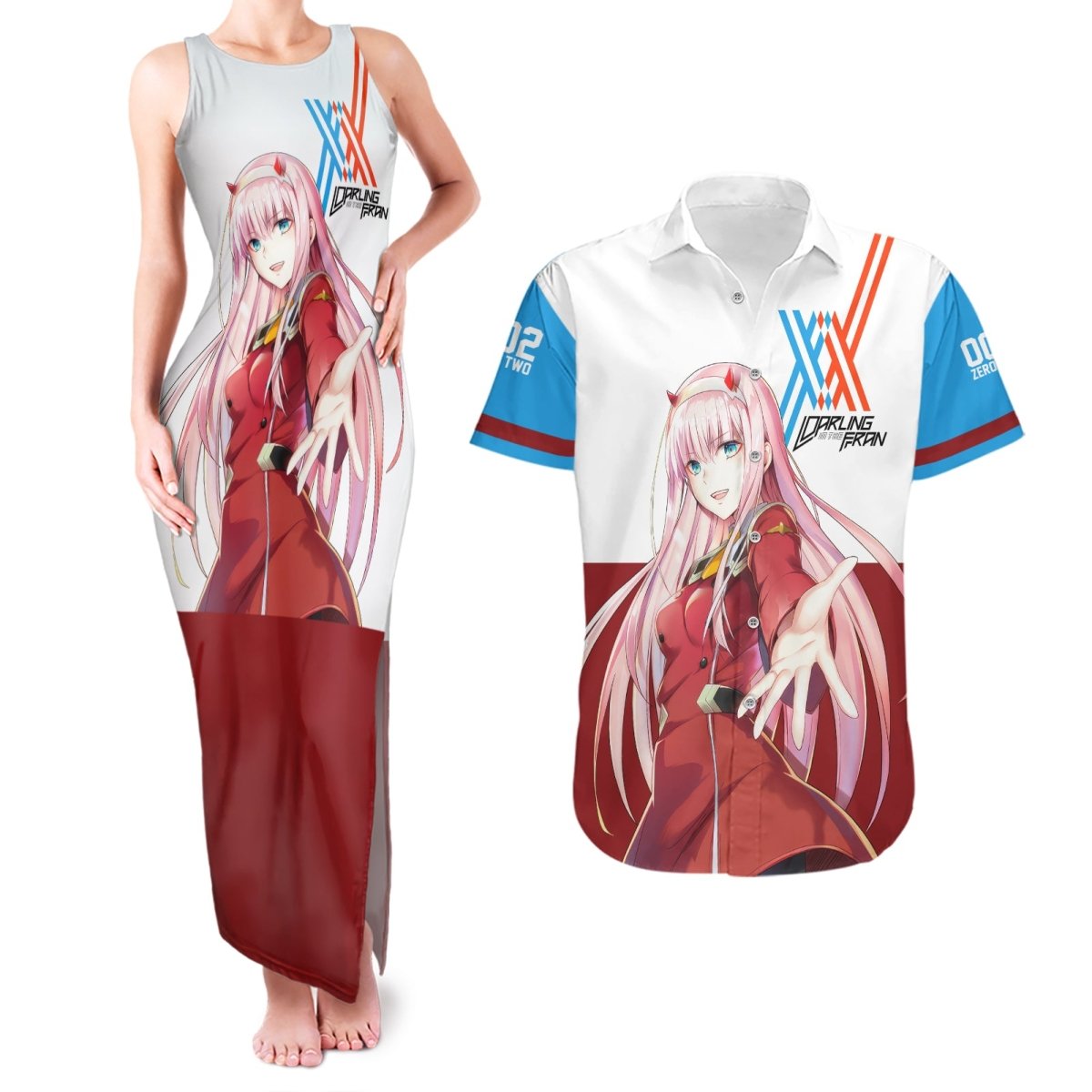 002 Zero Two Strelitzia Couples Matching Tank Maxi Dress and Hawaiian Shirt Anime Style TS04 - The Mazicc - S - S - Multicolor