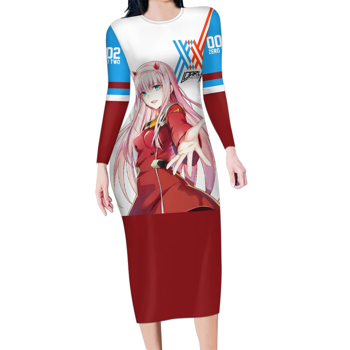 002 Zero Two Strelitzia Family Matching Long Sleeve Bodycon Dress and Hawaiian Shirt Anime Style TS04 - The Mazicc - Mom's Dress - S - Multicolor