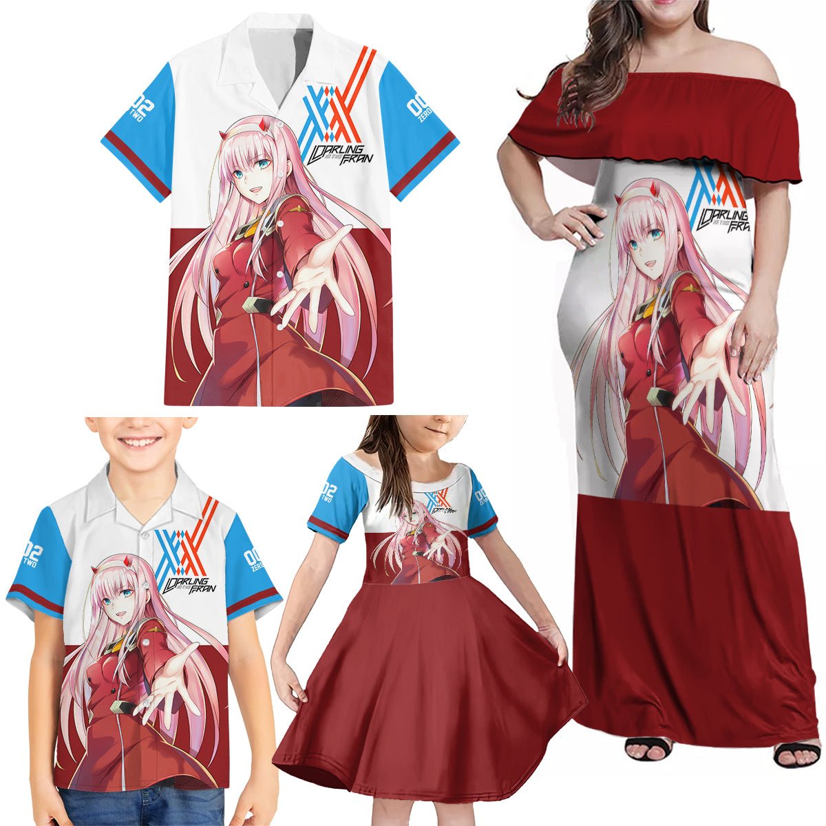 002 Zero Two Strelitzia Family Matching Off Shoulder Maxi Dress and Hawaiian Shirt Anime Style TS04 - The Mazicc - Dad's Shirt - Short Sleeve - S - Multicolor