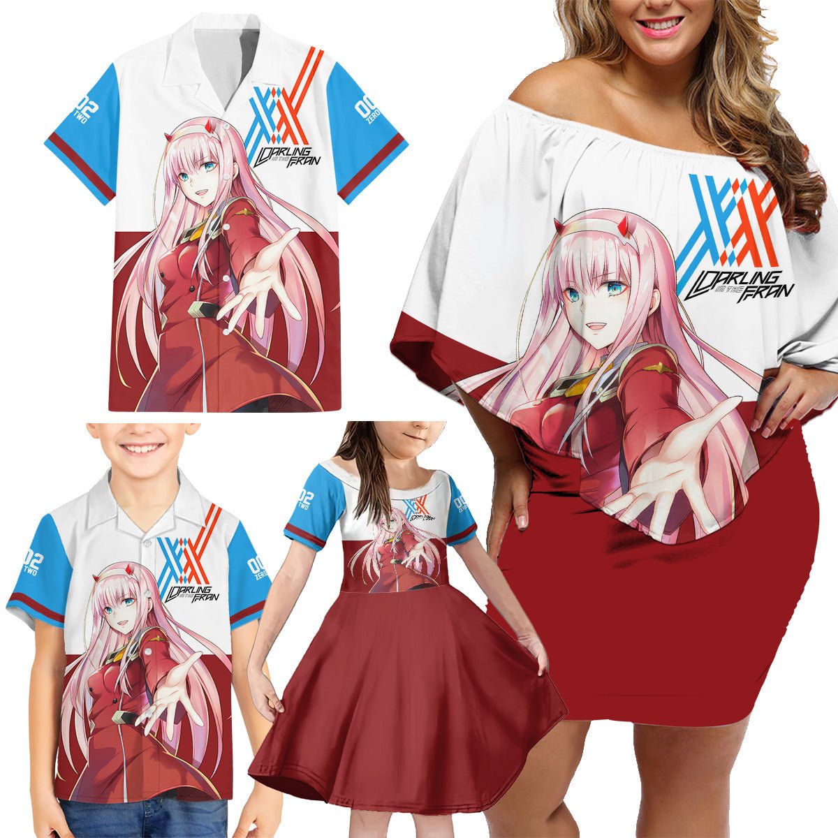 002 Zero Two Strelitzia Family Matching Off Shoulder Short Dress and Hawaiian Shirt Anime Style TS04 - The Mazicc - Dad's Shirt - Short Sleeve - S - Multicolor