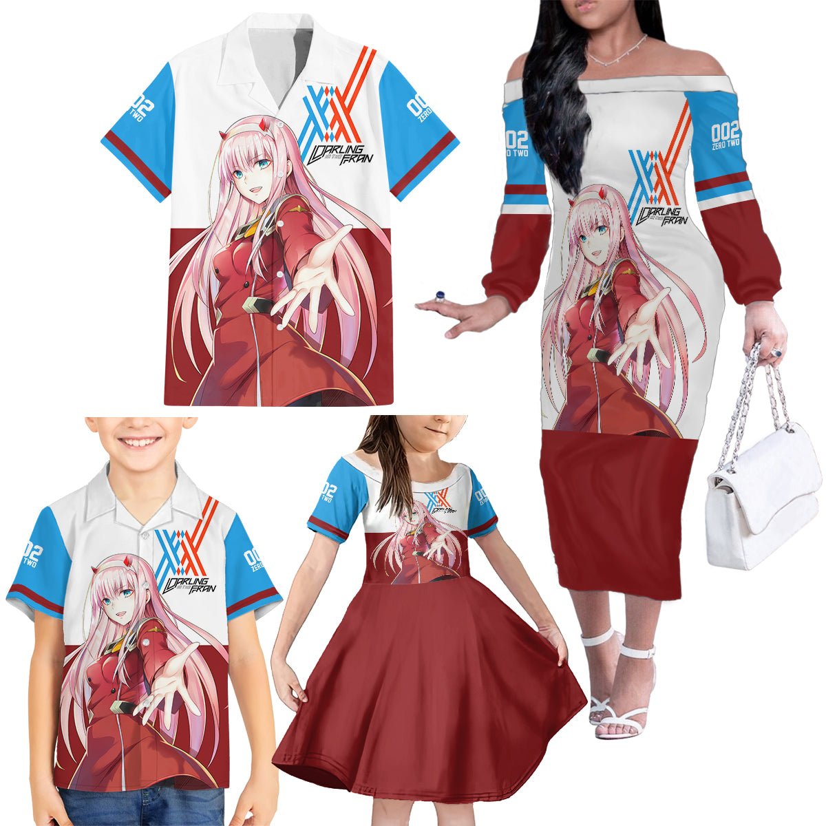 002 Zero Two Strelitzia Family Matching Off The Shoulder Long Sleeve Dress and Hawaiian Shirt Anime Style TS04 - The Mazicc - Dad's Shirt - Short Sleeve - S - Multicolor