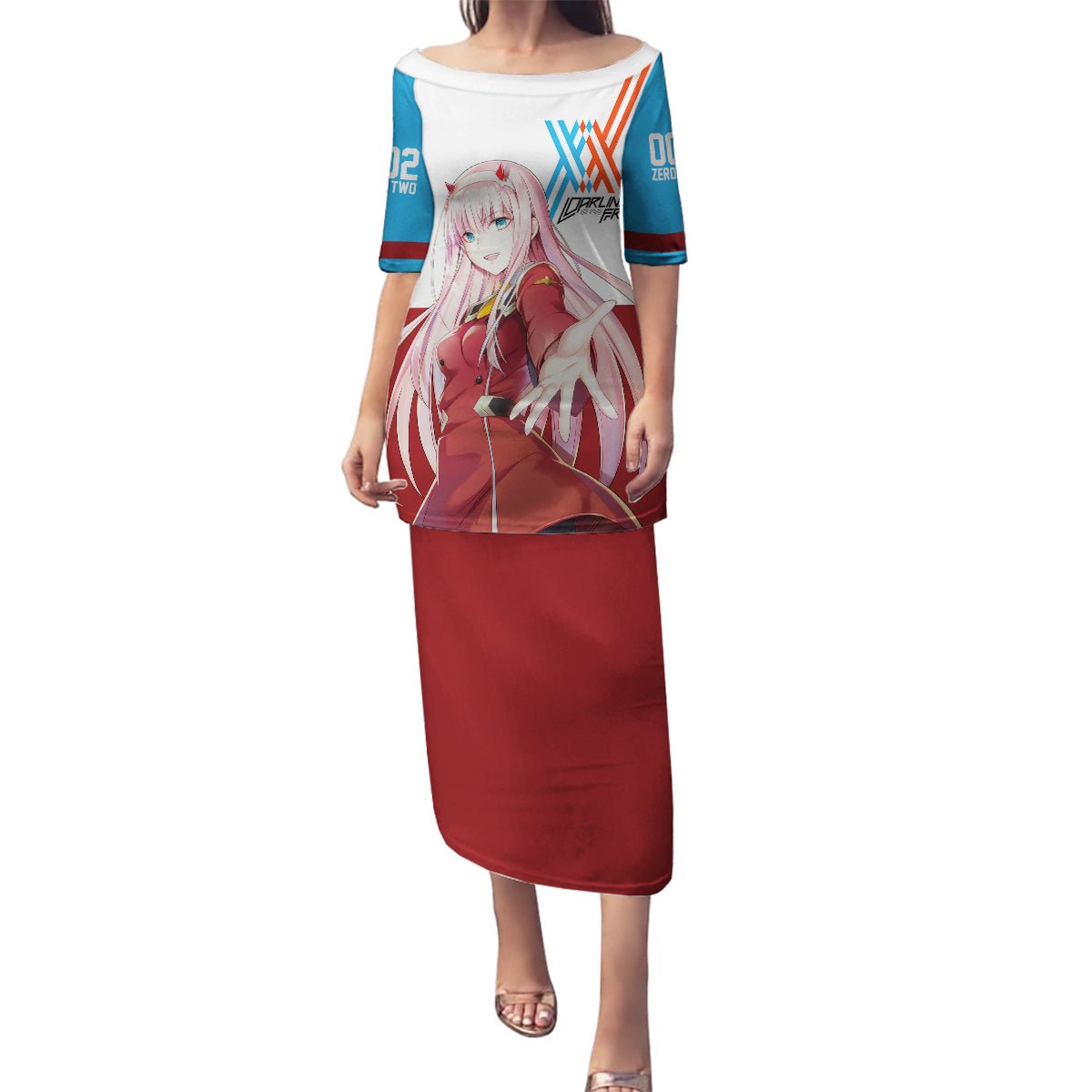 002 Zero Two Strelitzia Family Matching Puletasi and Hawaiian Shirt Anime Style TS04 - The Mazicc - Mom's Dress - S - Multicolor