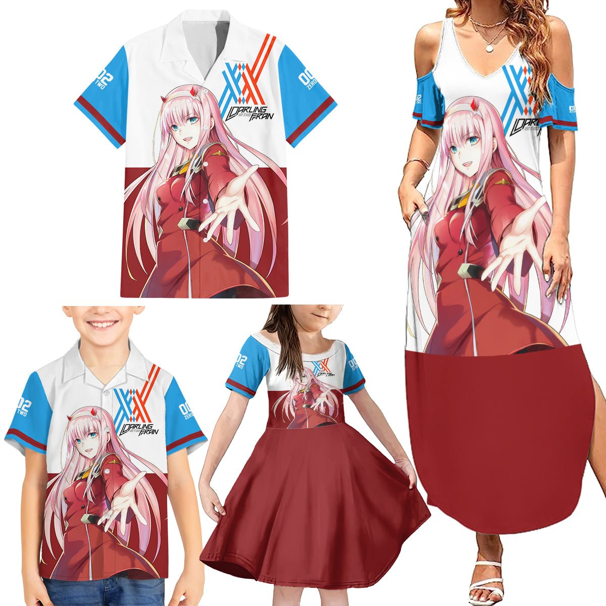 002 Zero Two Strelitzia Family Matching Summer Maxi Dress and Hawaiian Shirt Anime Style TS04 - The Mazicc - Dad's Shirt - Short Sleeve - S - Multicolor