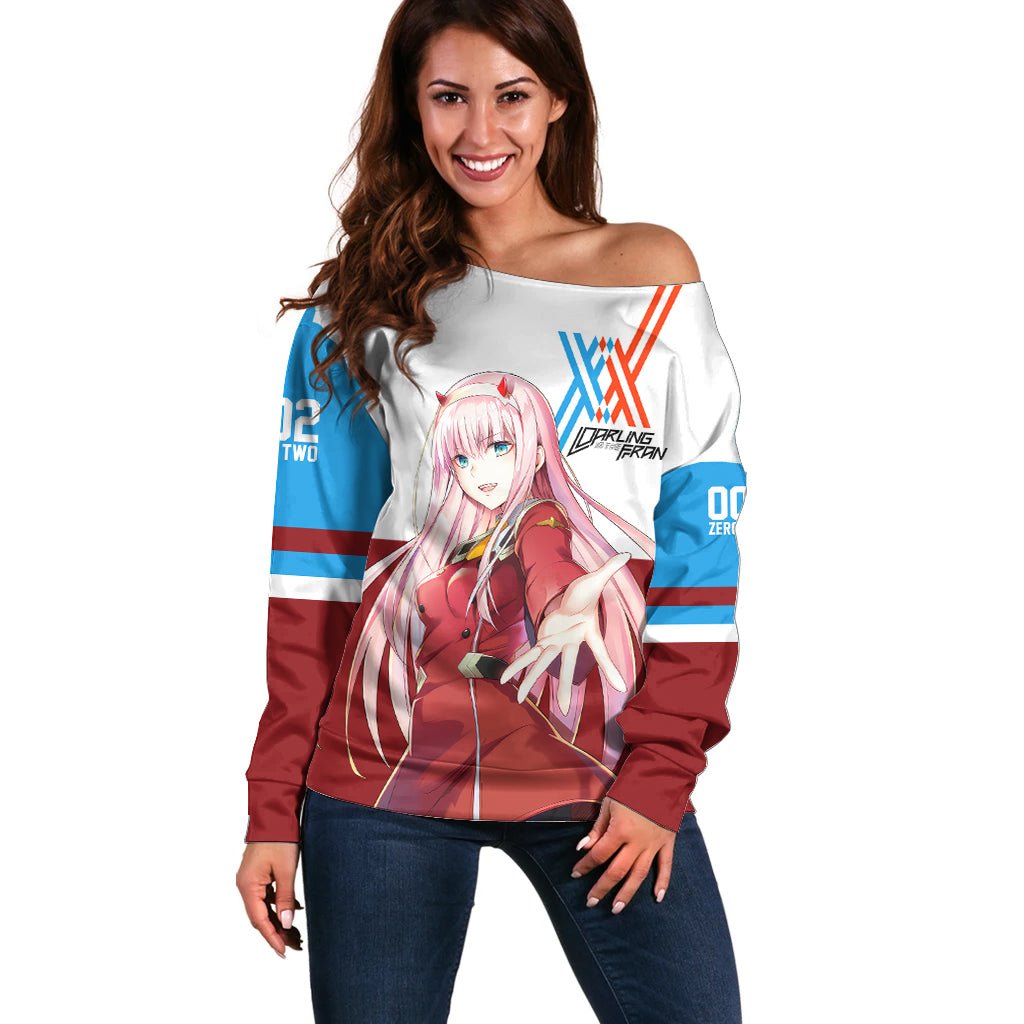 002 Zero Two Strelitzia Off Shoulder Sweater Anime Style TS04 - The Mazicc - Women - 2XS - Multicolor