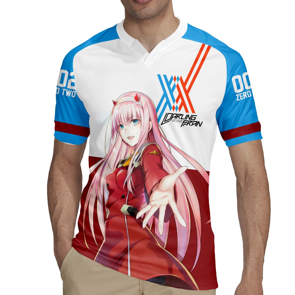 002 Zero Two Strelitzia Rugby Jersey Anime Style TS04 - The Mazicc - S - Multicolor -