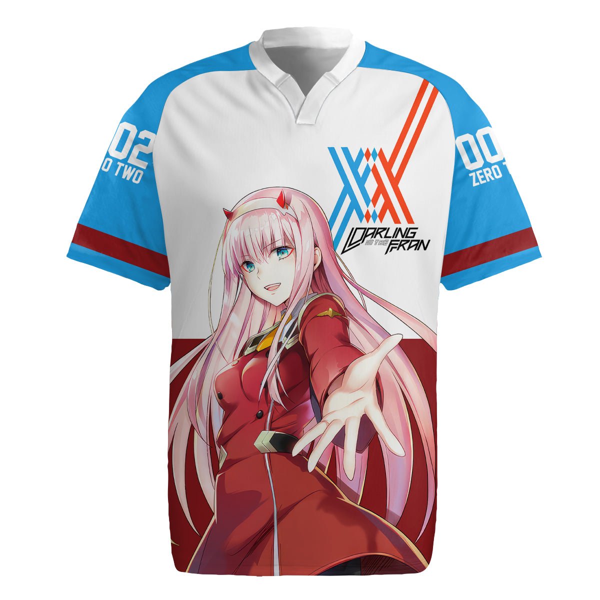 002 Zero Two Strelitzia Rugby Jersey Anime Style TS04 - The Mazicc - S - Multicolor -