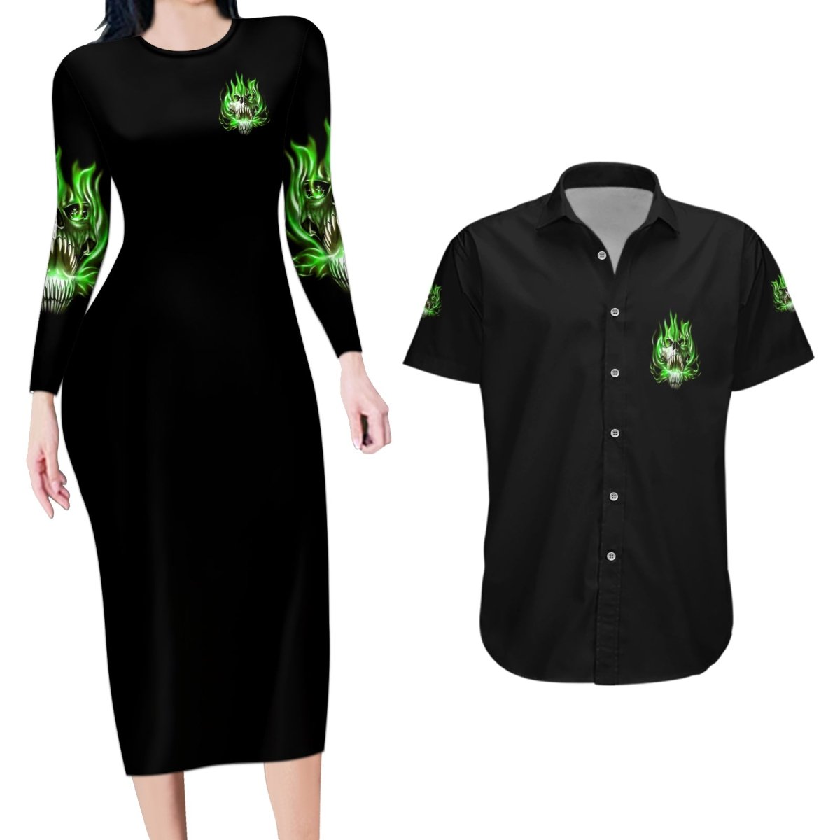 9 Of 10 Voices In My Head Fire Skull Couples Matching Long Sleeve Bodycon Dress and Hawaiian Shirt TS04 - The Mazicc - S - S - Multicolor
