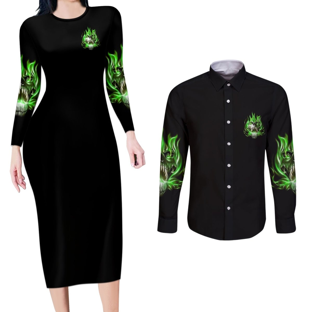 9 Of 10 Voices In My Head Fire Skull Couples Matching Long Sleeve Bodycon Dress and Long Sleeve Button Shirt TS04 - The Mazicc - S - S - Multicolor