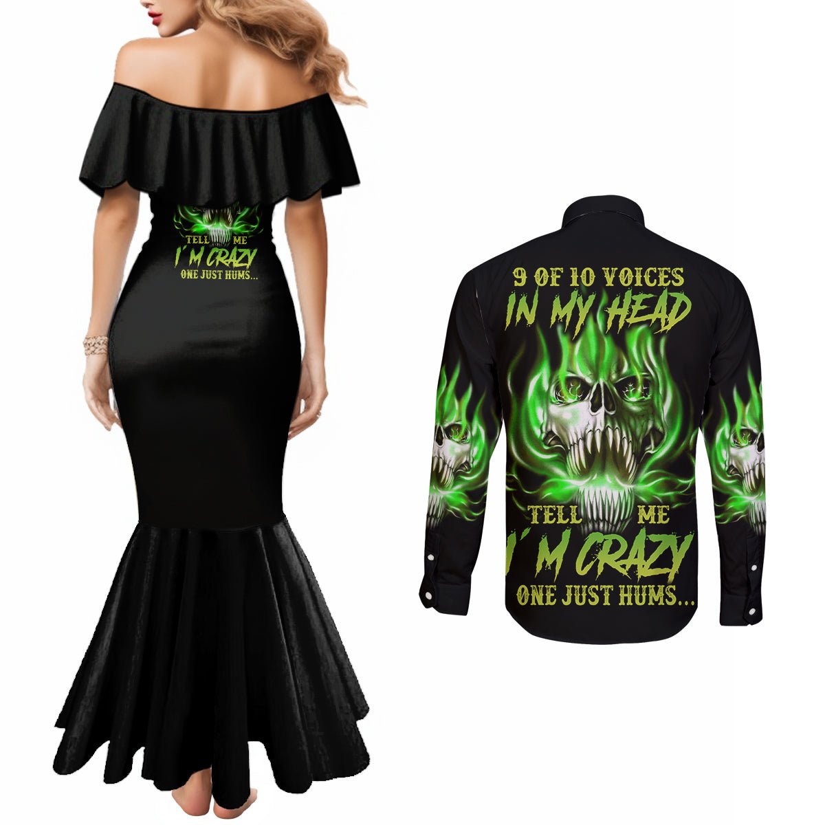 9 Of 10 Voices In My Head Fire Skull Couples Matching Mermaid Dress and Long Sleeve Button Shirt TS04 - The Mazicc - S - S - Multicolor