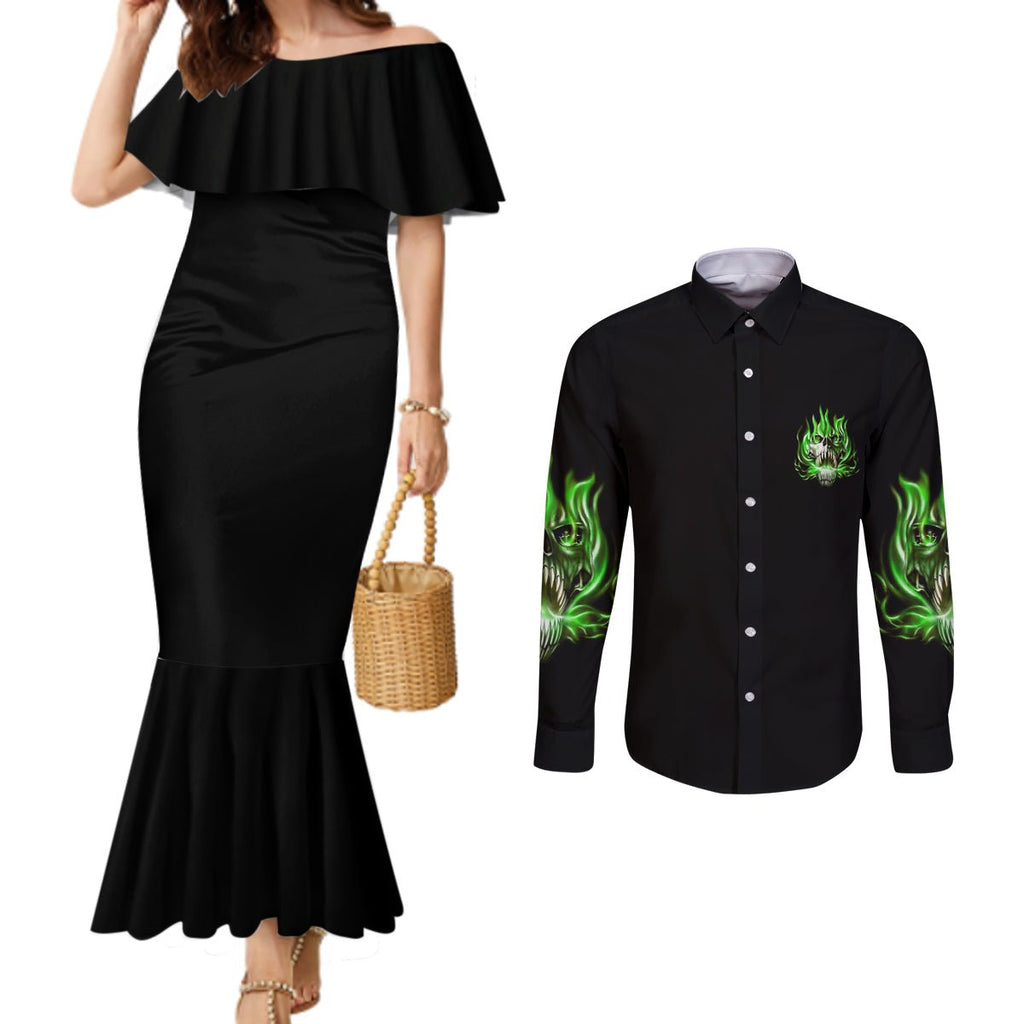 9 Of 10 Voices In My Head Fire Skull Couples Matching Mermaid Dress and Long Sleeve Button Shirt TS04 - The Mazicc - S - S - Multicolor