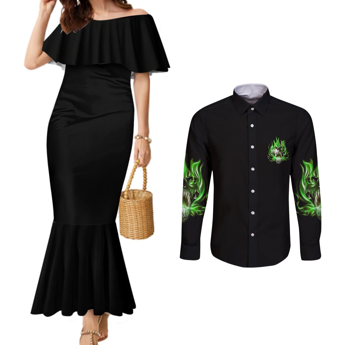 9 Of 10 Voices In My Head Fire Skull Couples Matching Mermaid Dress and Long Sleeve Button Shirt TS04 - The Mazicc - S - S - Multicolor