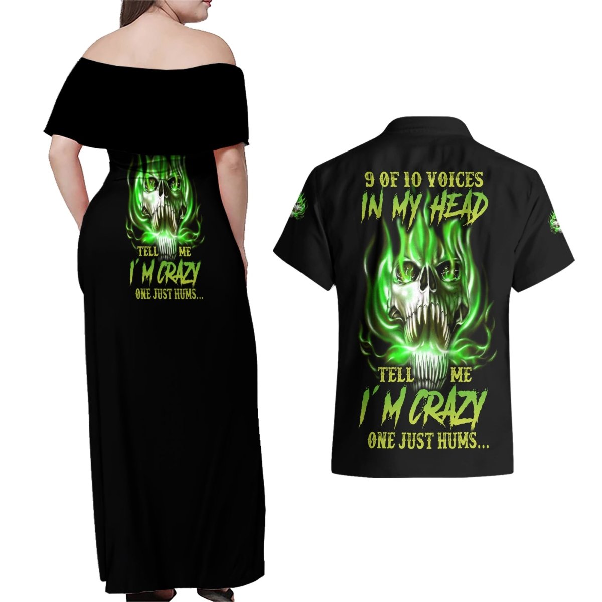 9 Of 10 Voices In My Head Fire Skull Couples Matching Off Shoulder Maxi Dress and Hawaiian Shirt TS04 - The Mazicc - S - S - Multicolor