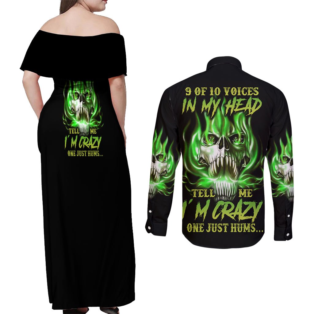 9 Of 10 Voices In My Head Fire Skull Couples Matching Off Shoulder Maxi Dress and Long Sleeve Button Shirt TS04 - The Mazicc - S - S - Multicolor
