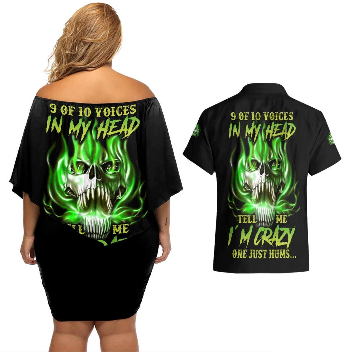 9 Of 10 Voices In My Head Fire Skull Couples Matching Off Shoulder Short Dress and Hawaiian Shirt TS04 - The Mazicc - S - S - Multicolor