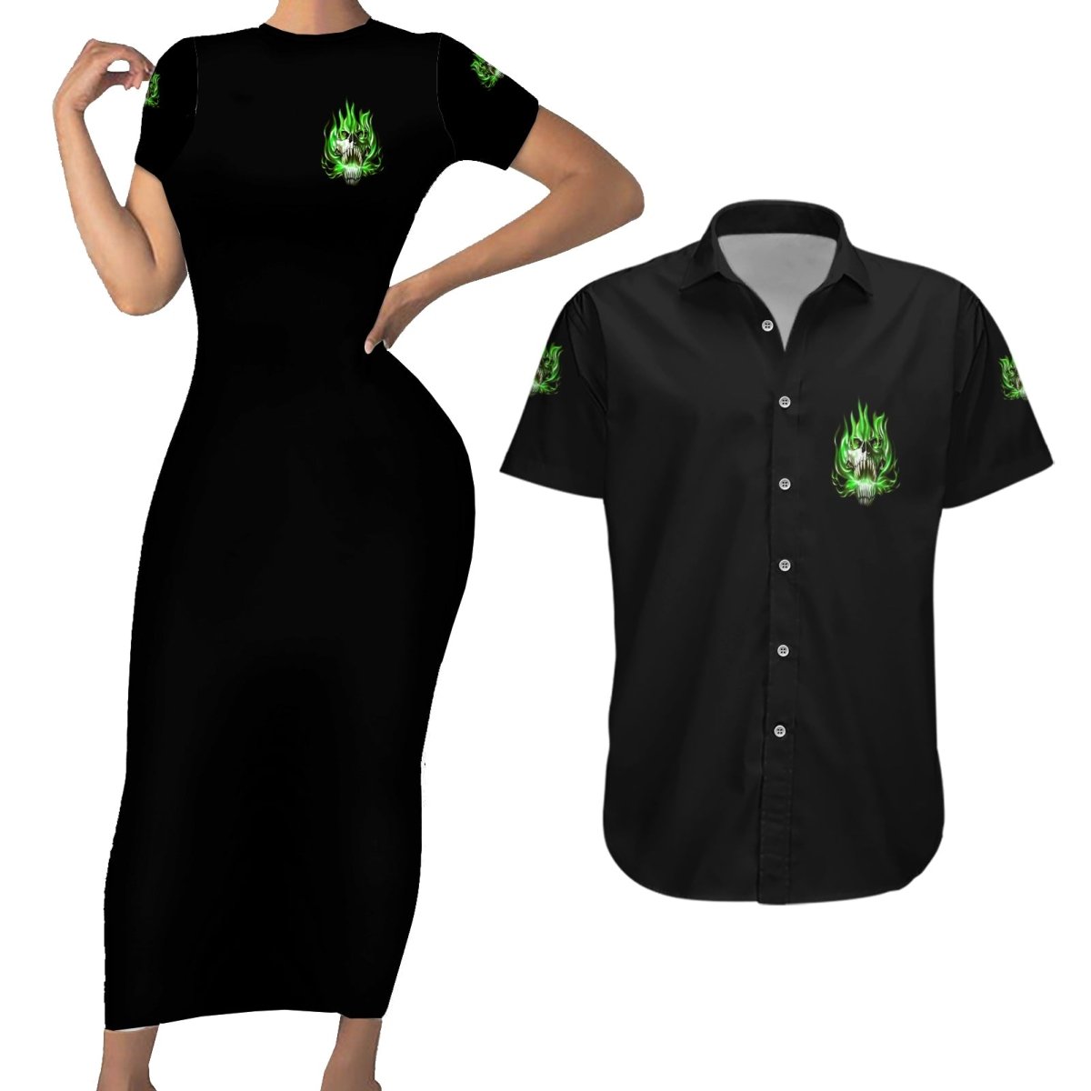 9 Of 10 Voices In My Head Fire Skull Couples Matching Short Sleeve Bodycon Dress and Hawaiian Shirt TS04 - The Mazicc - S - S - Multicolor