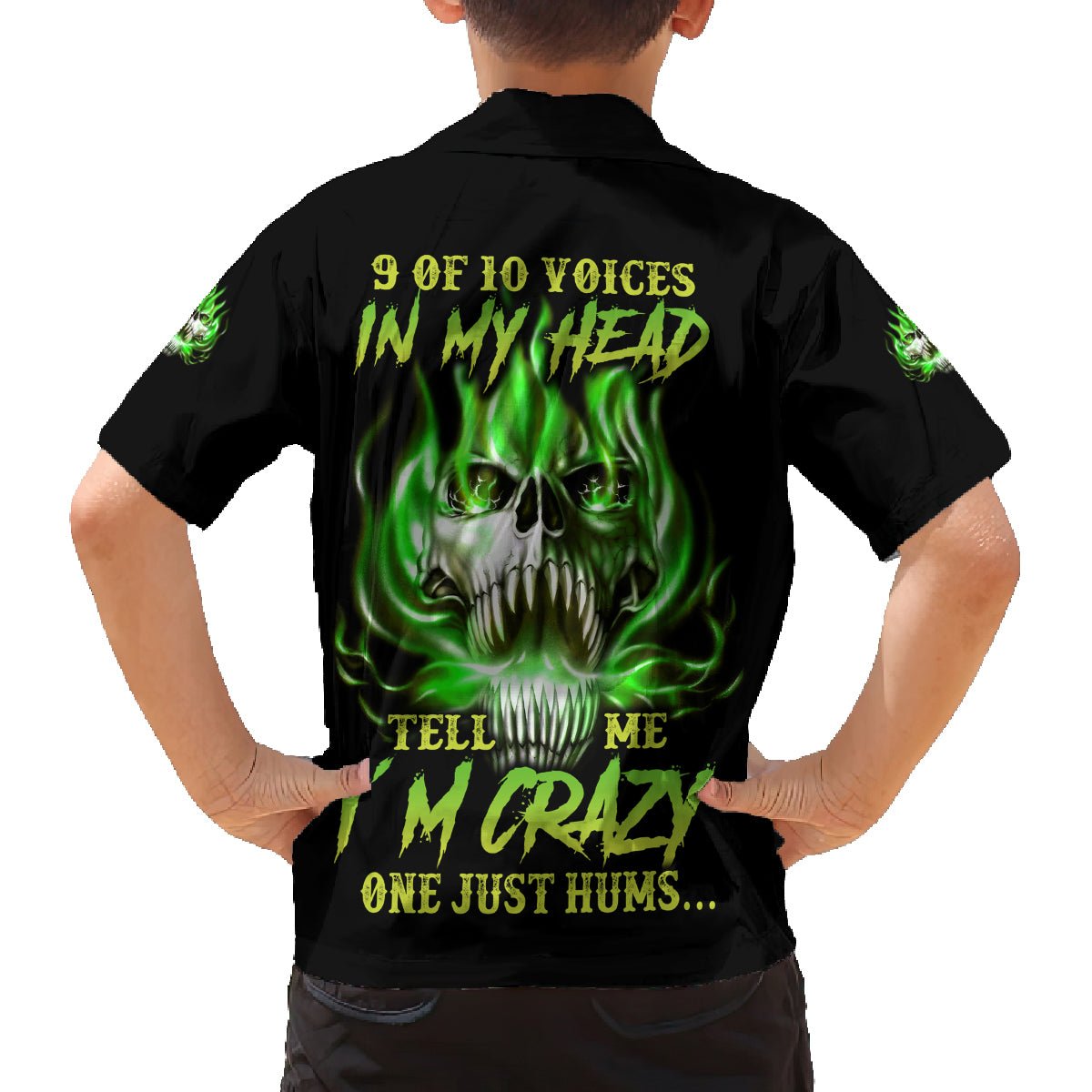 9 Of 10 Voices In My Head Fire Skull Family Matching Off Shoulder Long Sleeve Dress and Hawaiian Shirt TS04 - The Mazicc - Son's Shirt - 2 - Multicolor