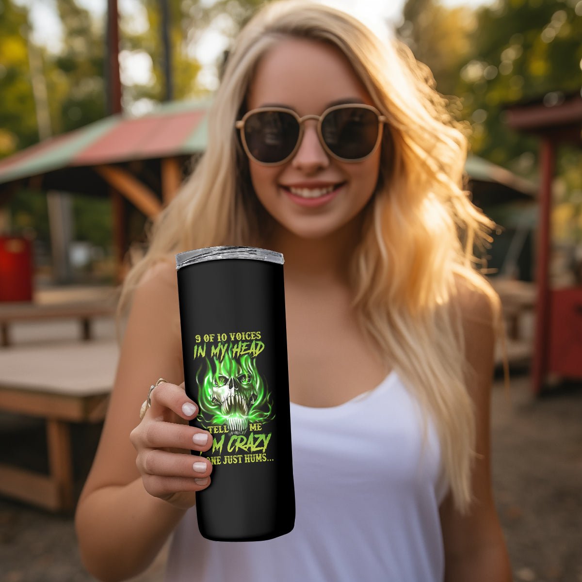 9 Of 10 Voices In My Head Fire Skull Skinny Tumbler TS04 - The Mazicc - 20oz - Multicolor -